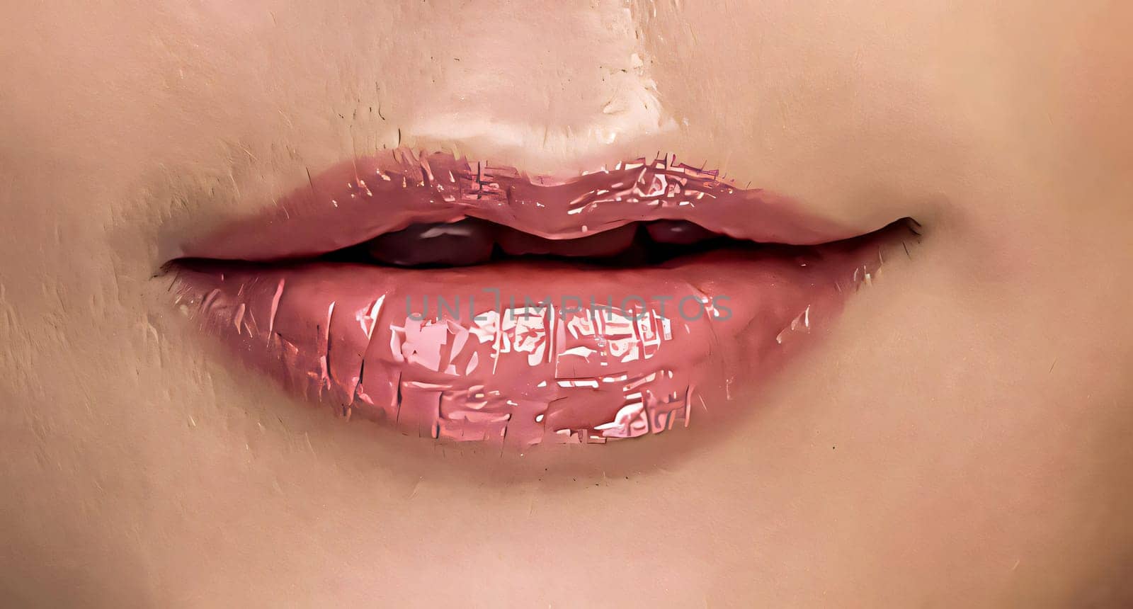 Sexy pink red woman lips close up, beautiful makeup, macro, beautiful pink red lip gloss, advertising, cosmetic, mouth slightly open, big lips for content creation