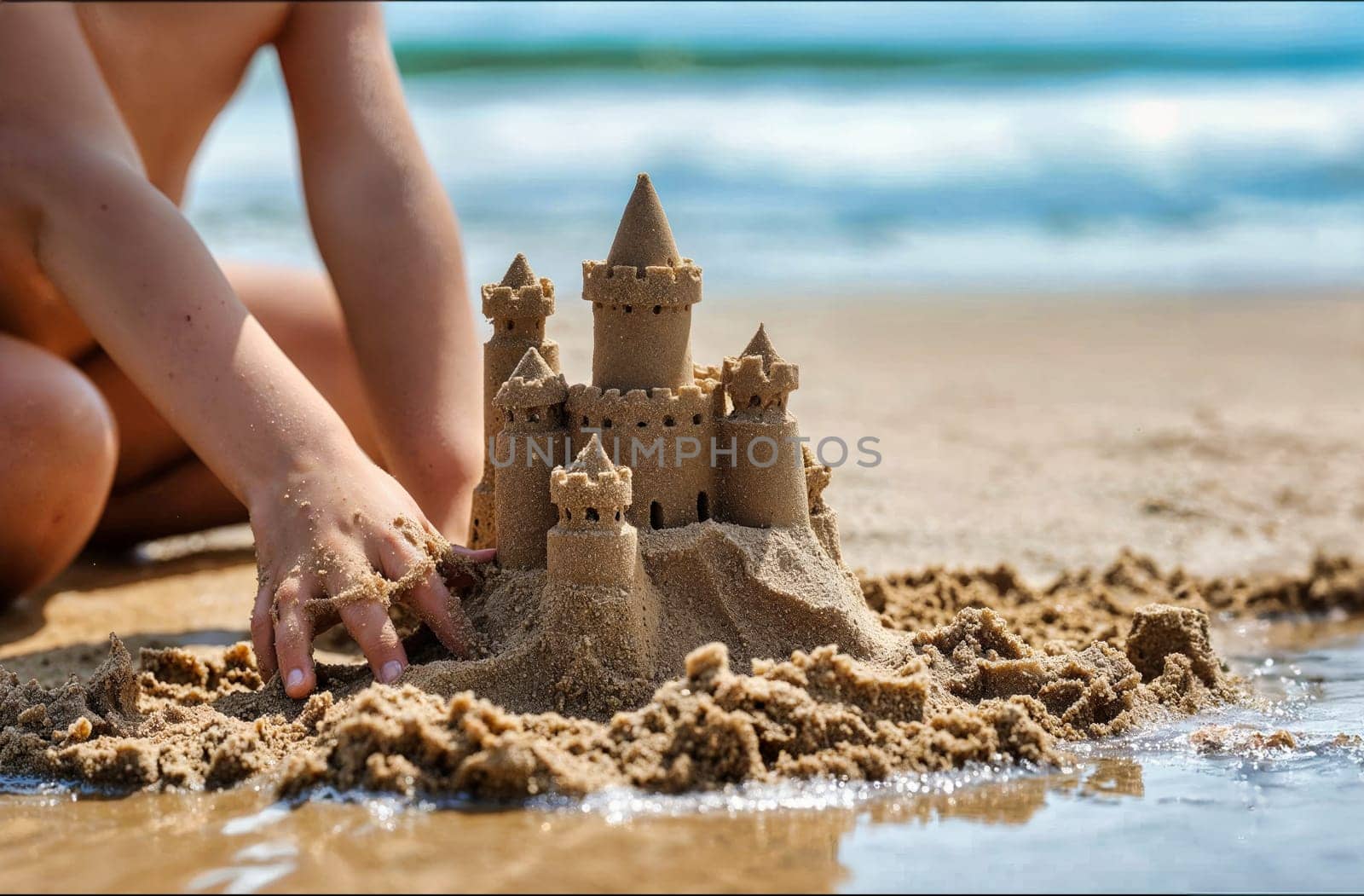 Close-up of a childs hands shaping a sand castle on the beach, with ocean waves in the background.