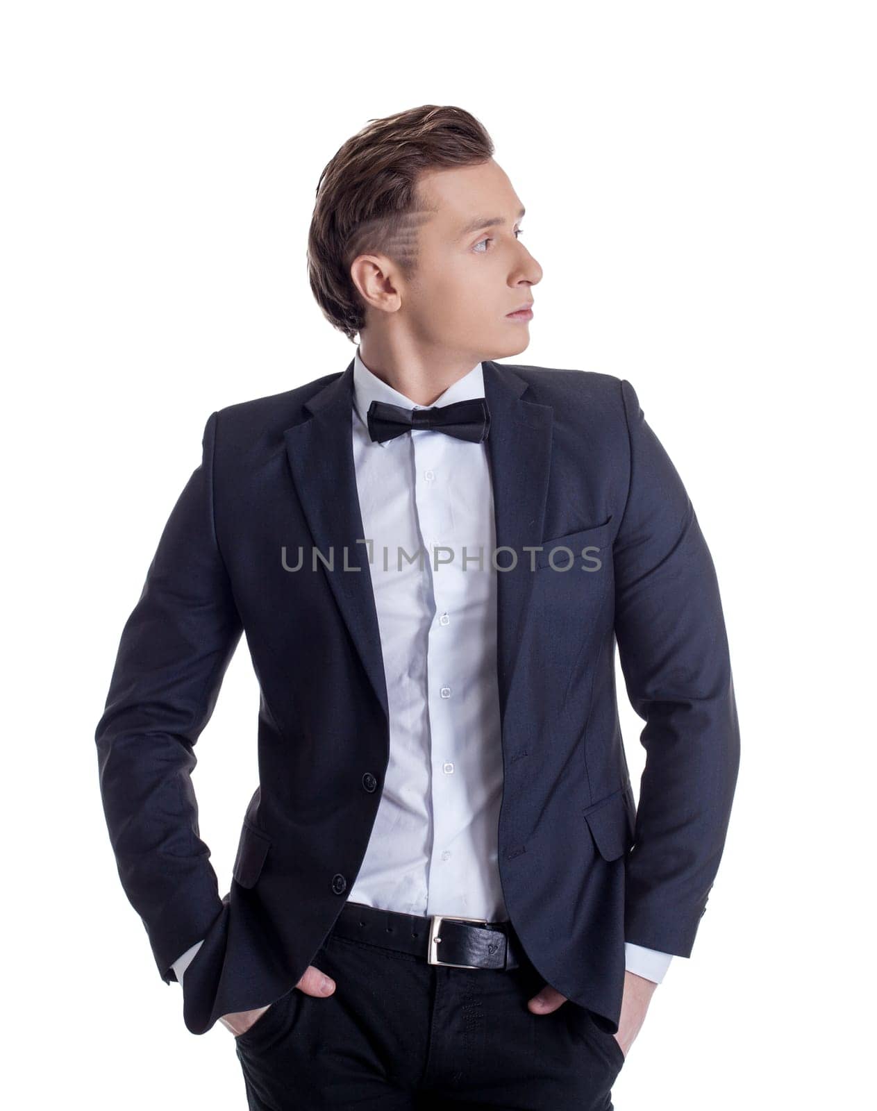 Studio photo of stylish businessman, isolated on white
