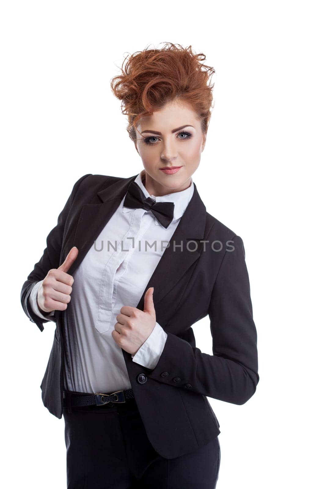 Red-haired business lady showing thumbs up. Isolated on white