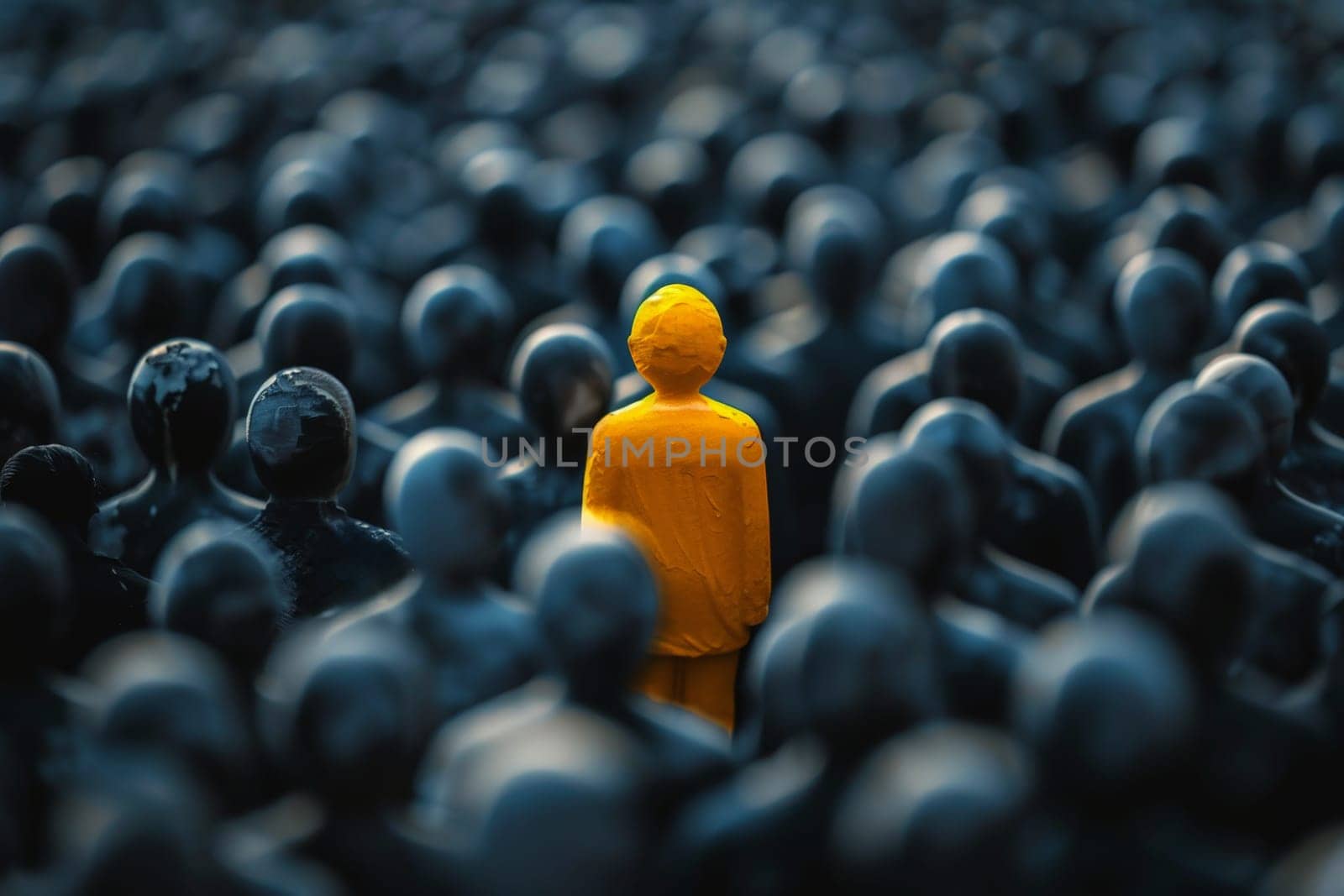 A yellow man stands out in a black crowd ..