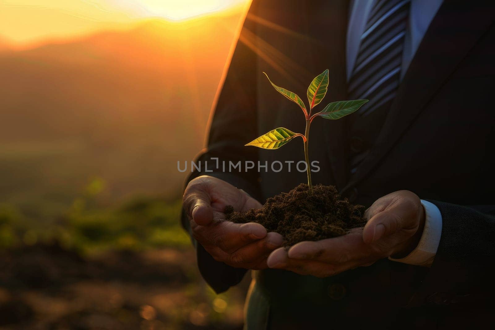 Business man using the tree plant to support environmental and sustainable development. ecological concept..