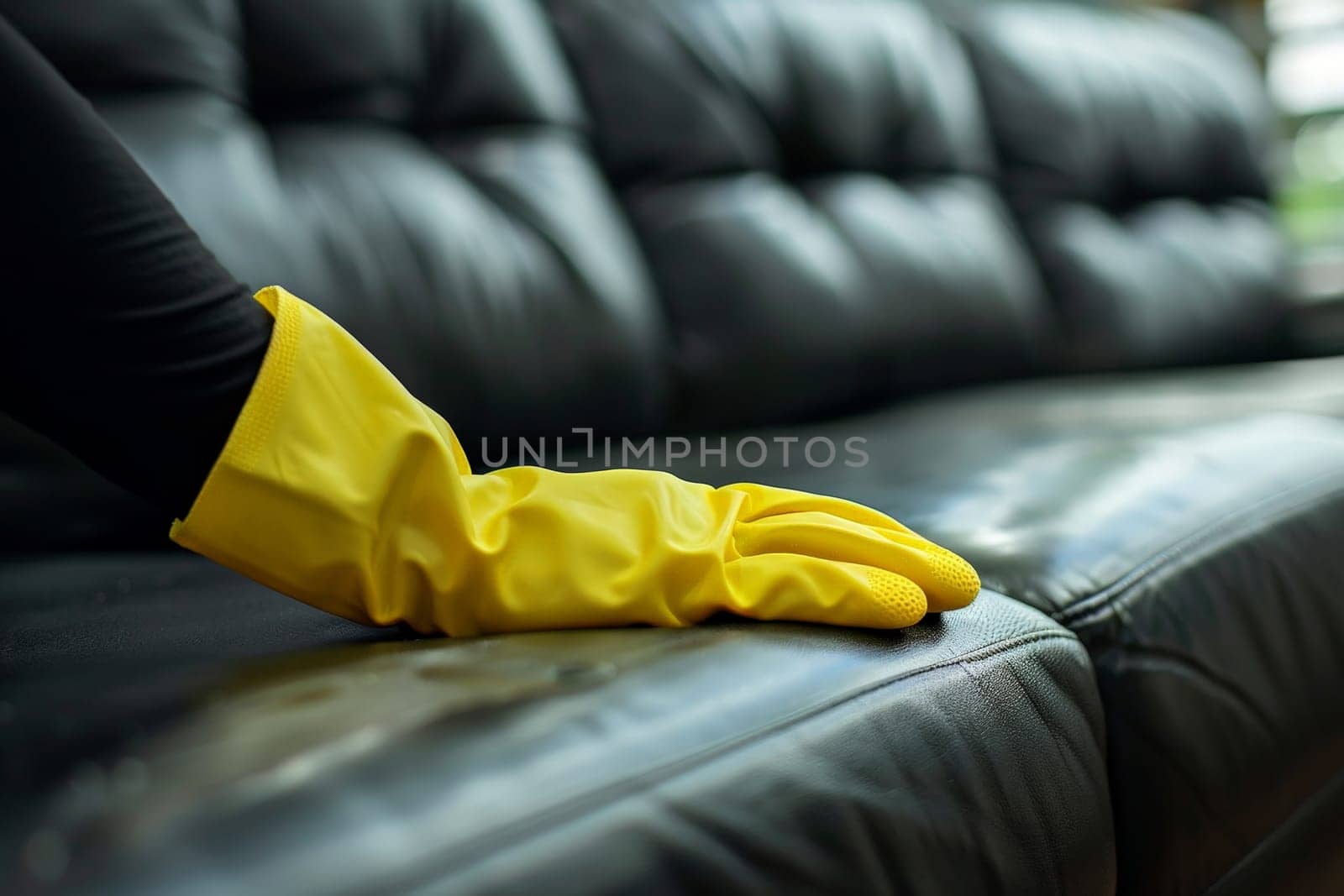 woman hand in yellow glove cleaning black leather sofa..