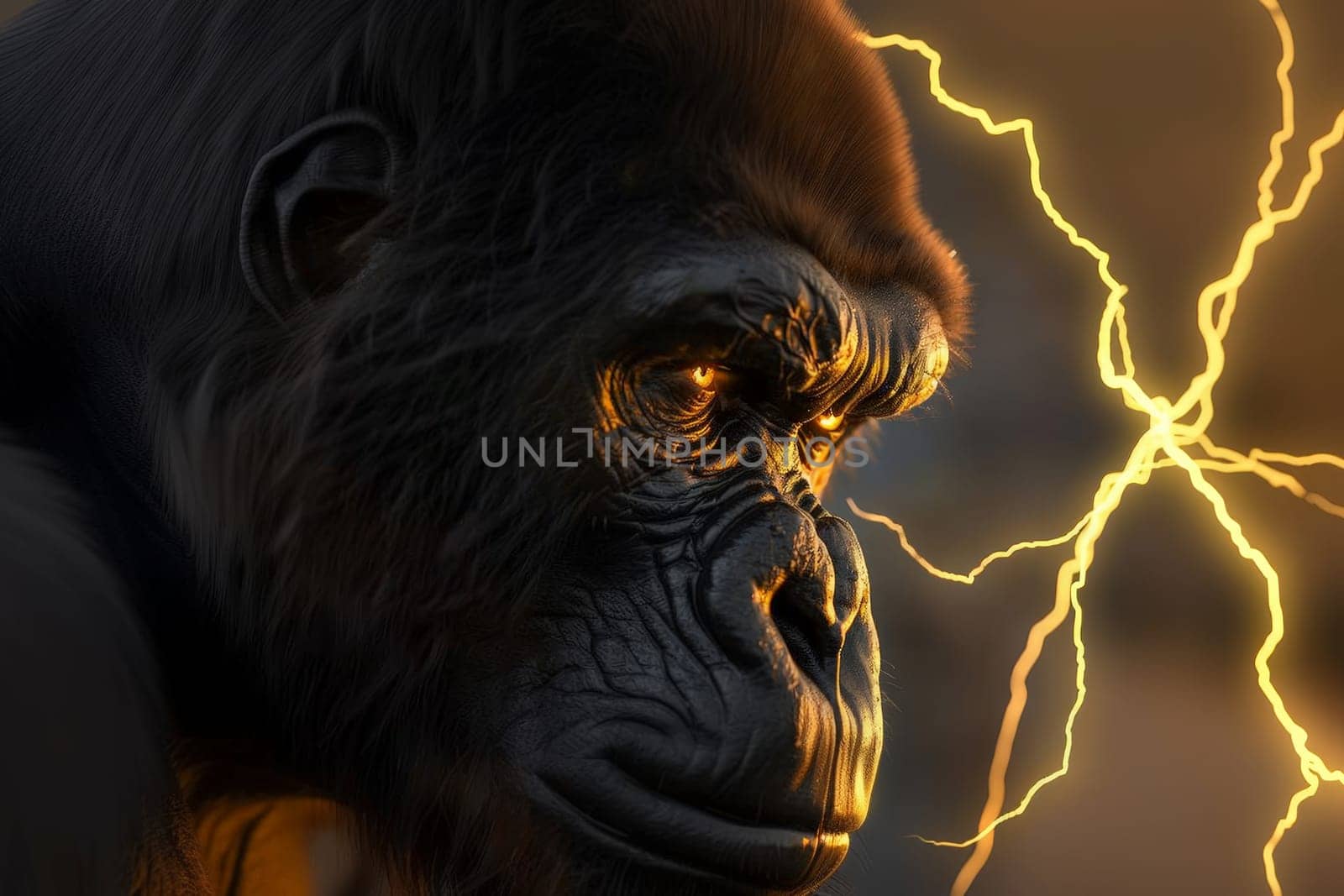 A gorilla with gold lightning in the eyes..