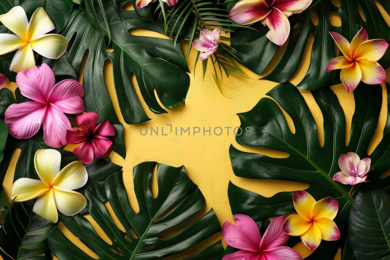 Tropical palm tree leaves create a fresh, green summer backdrop background. summer vocation concepts.