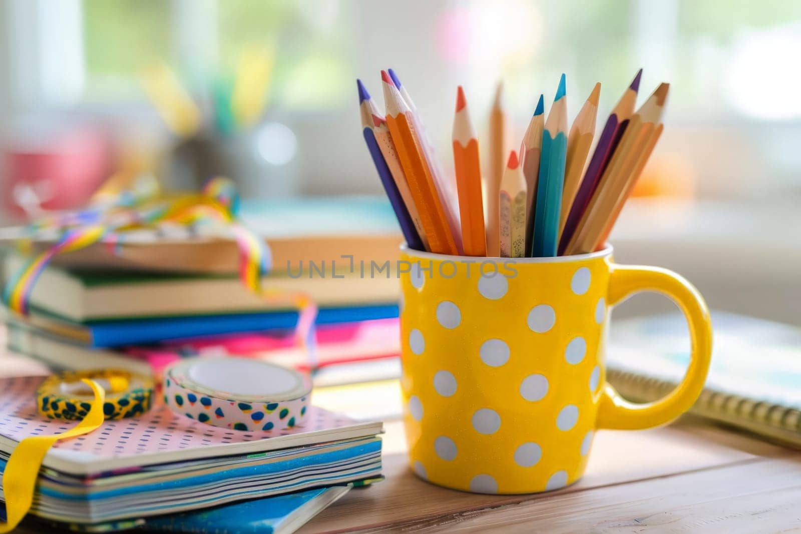 A cup of colored pencils, on the table with colorful polka dots..