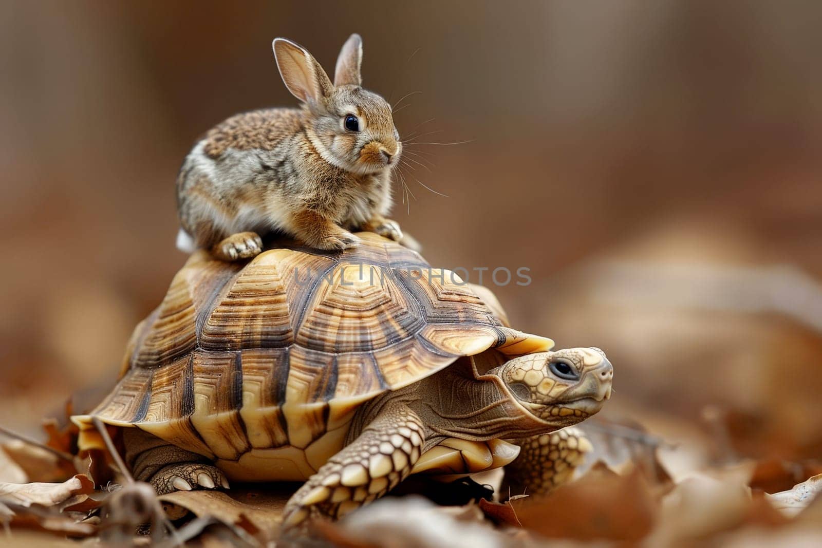 A turtle and a rabbit are on top of each other by AI generated image.