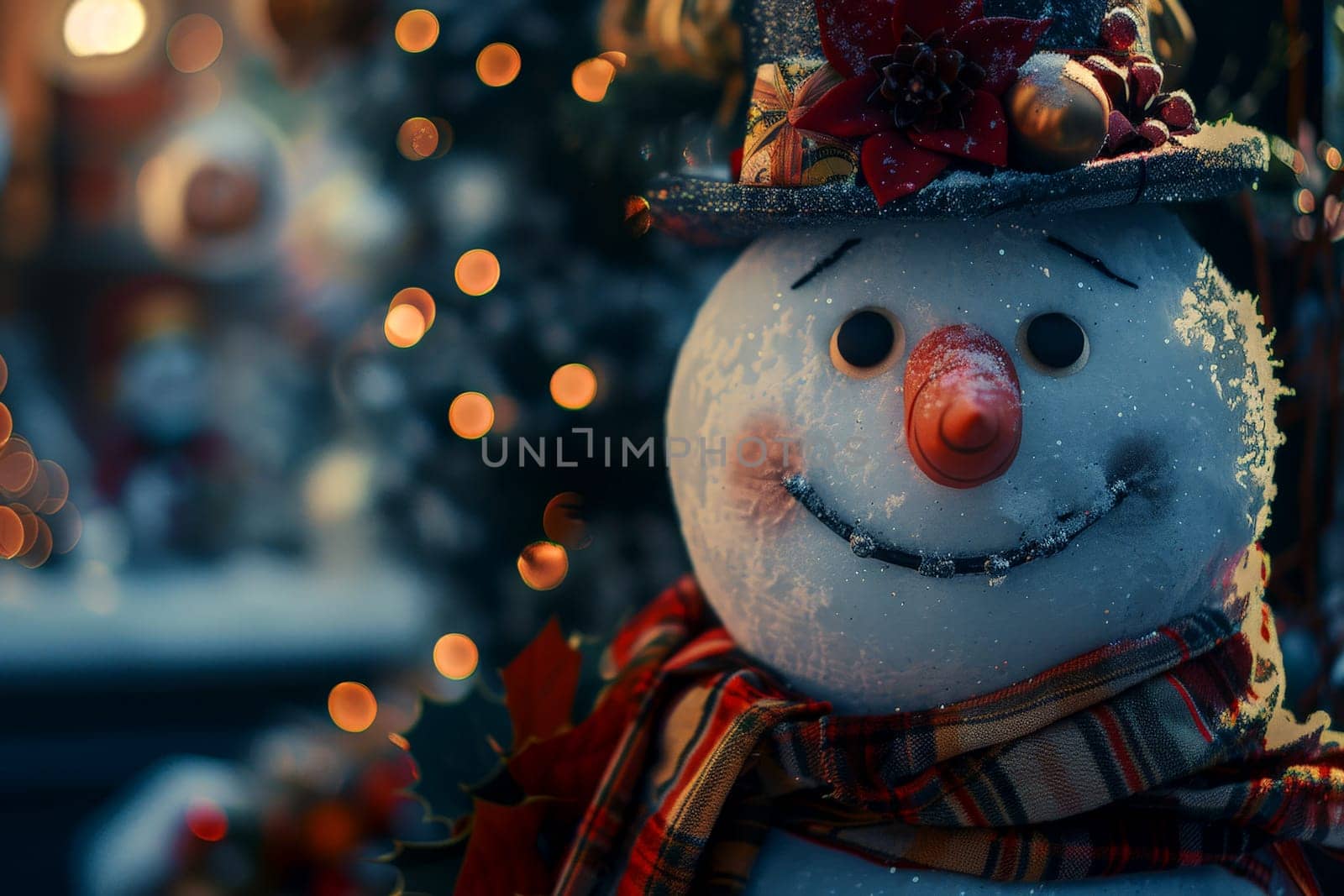 a cute snowman with a carrot nose, red hat, and scarf. Artificial Intelligence.