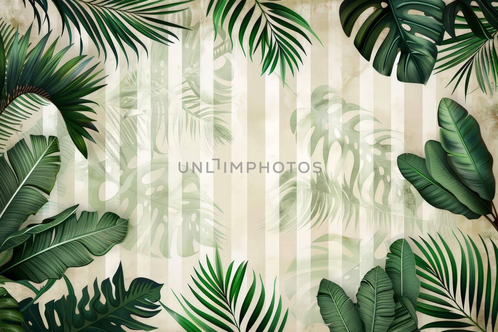 Tropical palm tree leaves create a fresh, green summer backdrop background. summer vocation concepts.