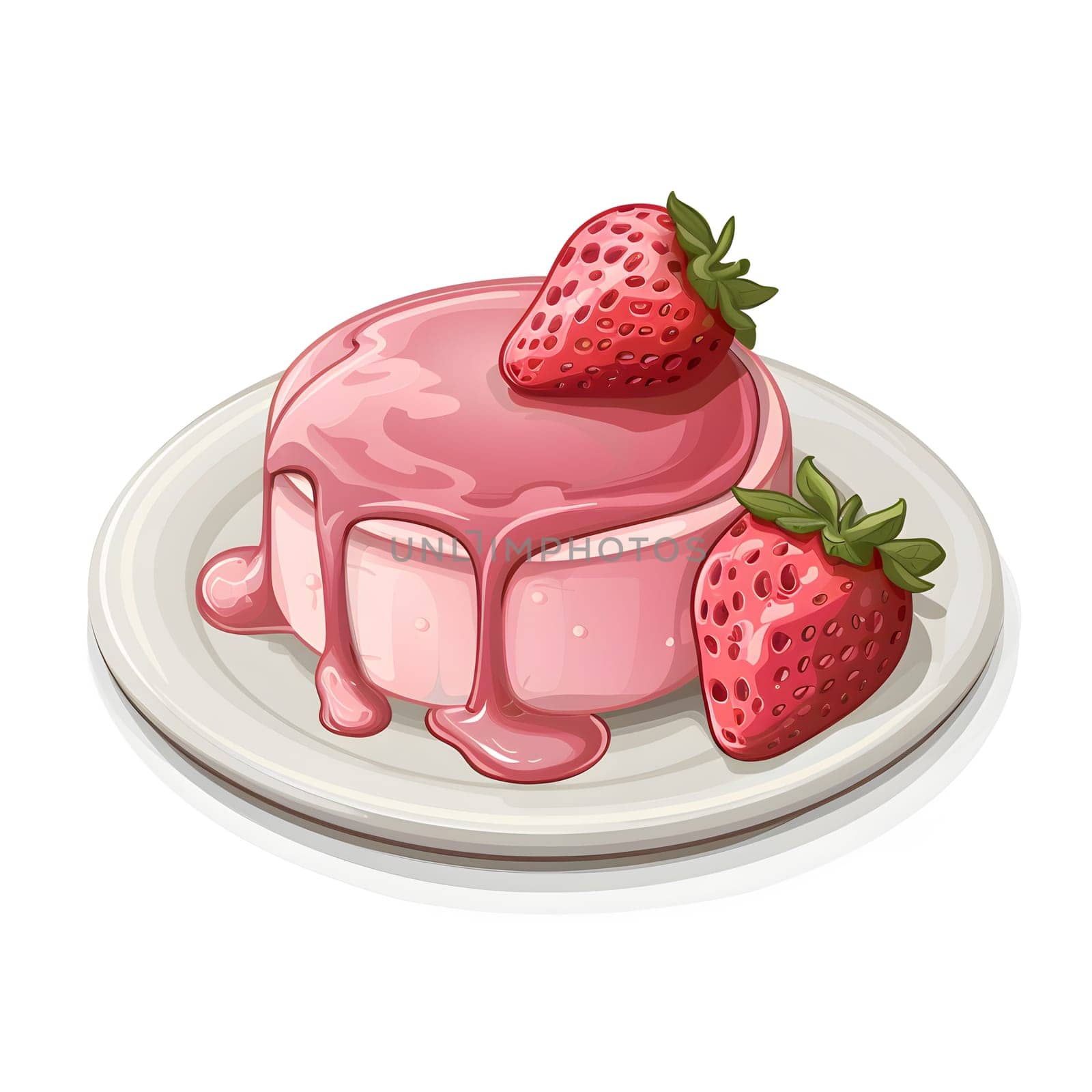 A delicious strawberry pudding served with a fresh strawberry on top, presented on a rectangular plate