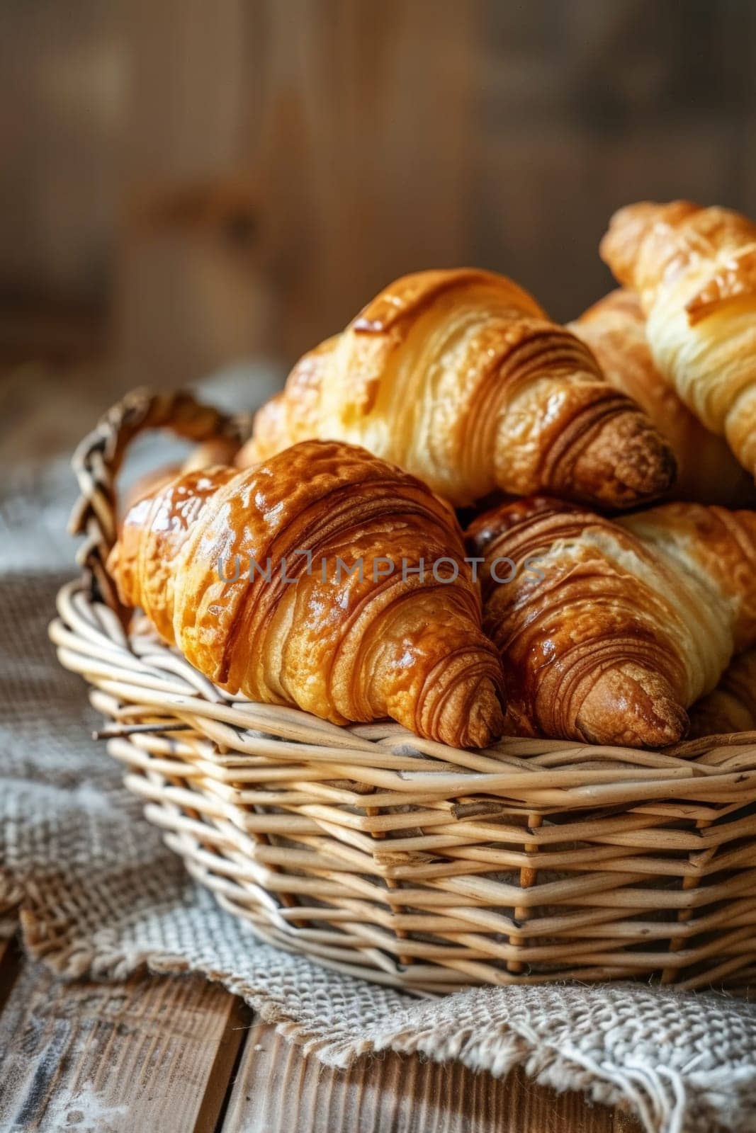 Close up of fresh butter croissants in a basket on a wooden table.Delicious morning breakfast.
