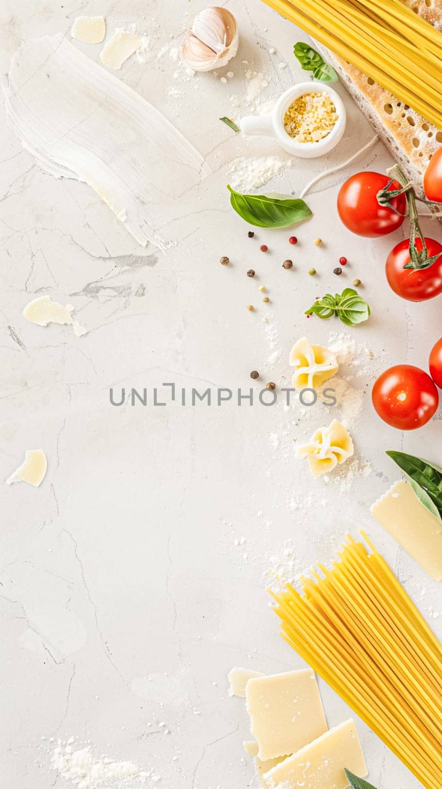 Pasta recipe preparation flatlay background with ingredients, spaghetti, olive oil, garlic, tomatoes and spices in the kitchen, homemade food recipe idea