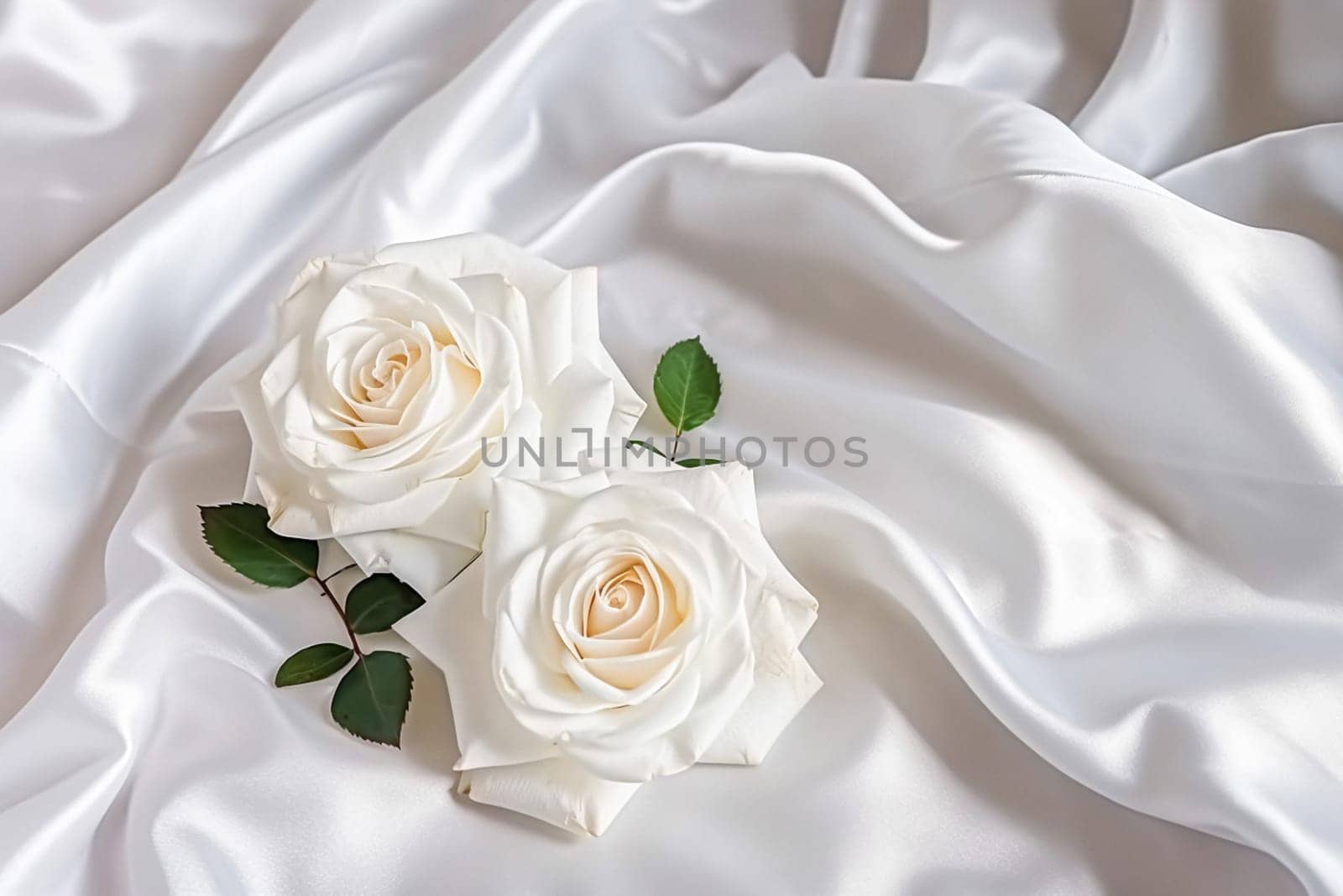 Floral composition. White flowers on white fabric. Flat lay, top view, copy space.