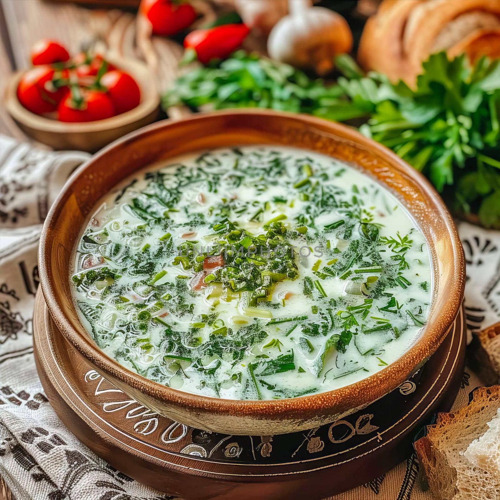 Azerbaijani national summer soup dovga made from fermented milk and various greens. Summer food, healthy nutrition.