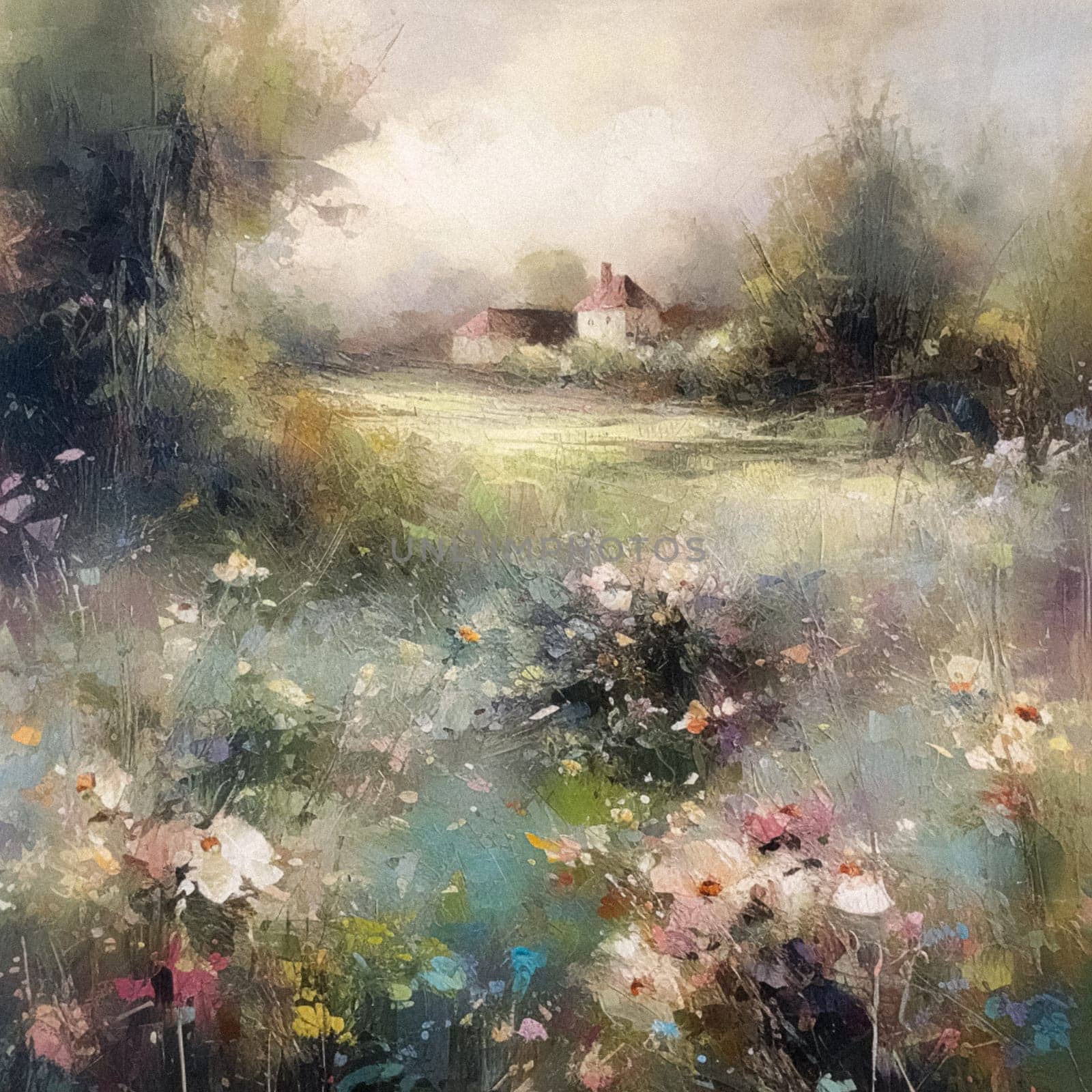 Oil style fine art painting of the English countryside cottage with romantic floral meadow, flowers field in soft pastel colours, evoking a sense of tranquility and natural beauty, printable art by Anneleven