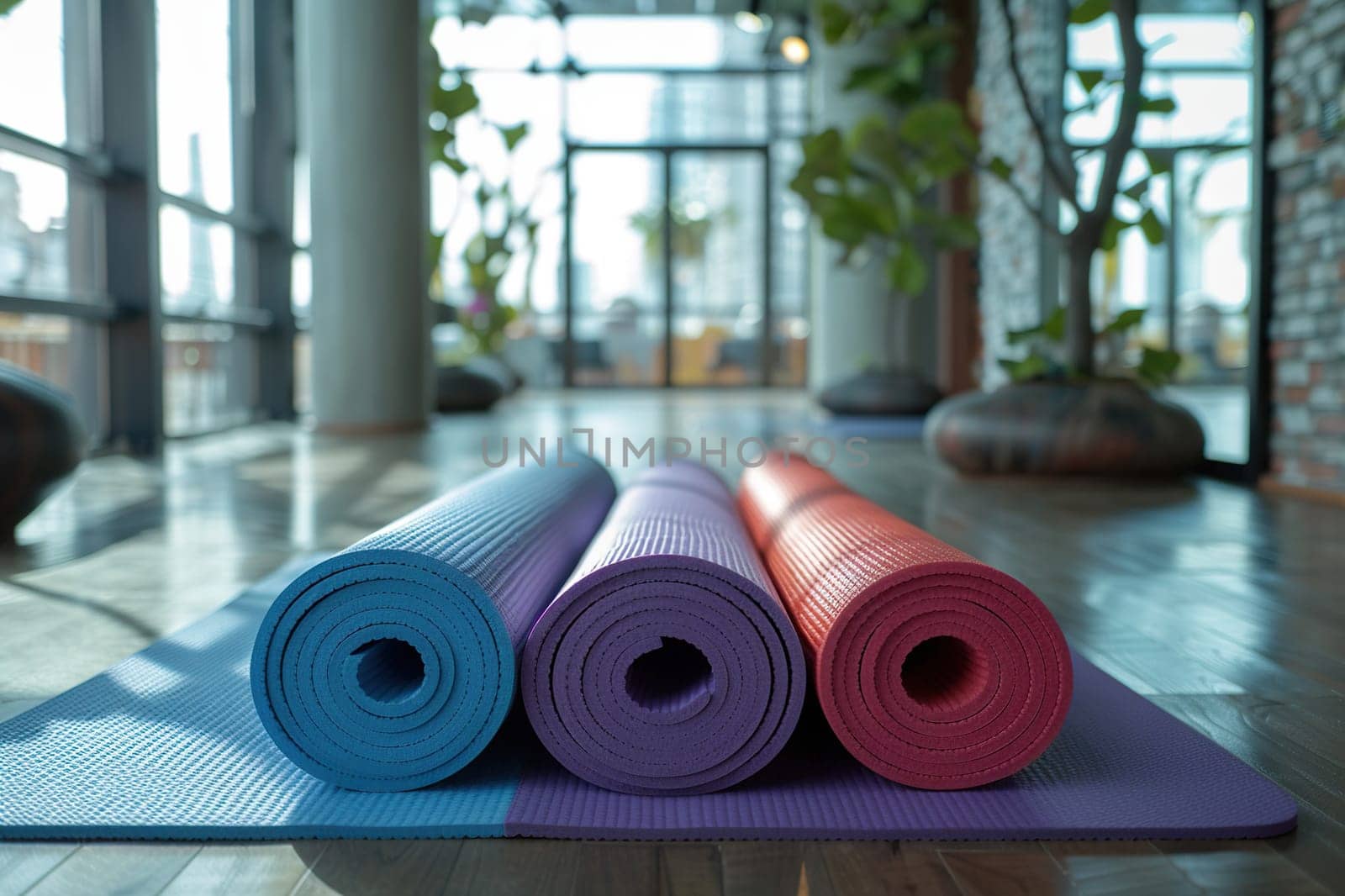 Close-up of rolled yoga or fitness mats on a wooden floor in a yoga studio.