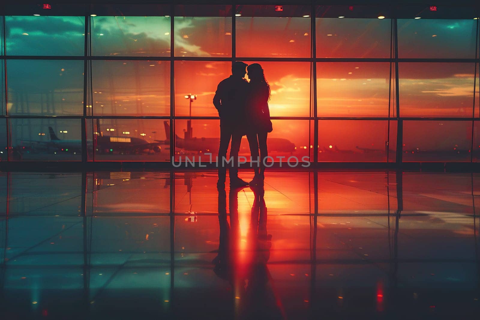 Silhouette of a couple in love near a large window at an airport in a cinematic style.