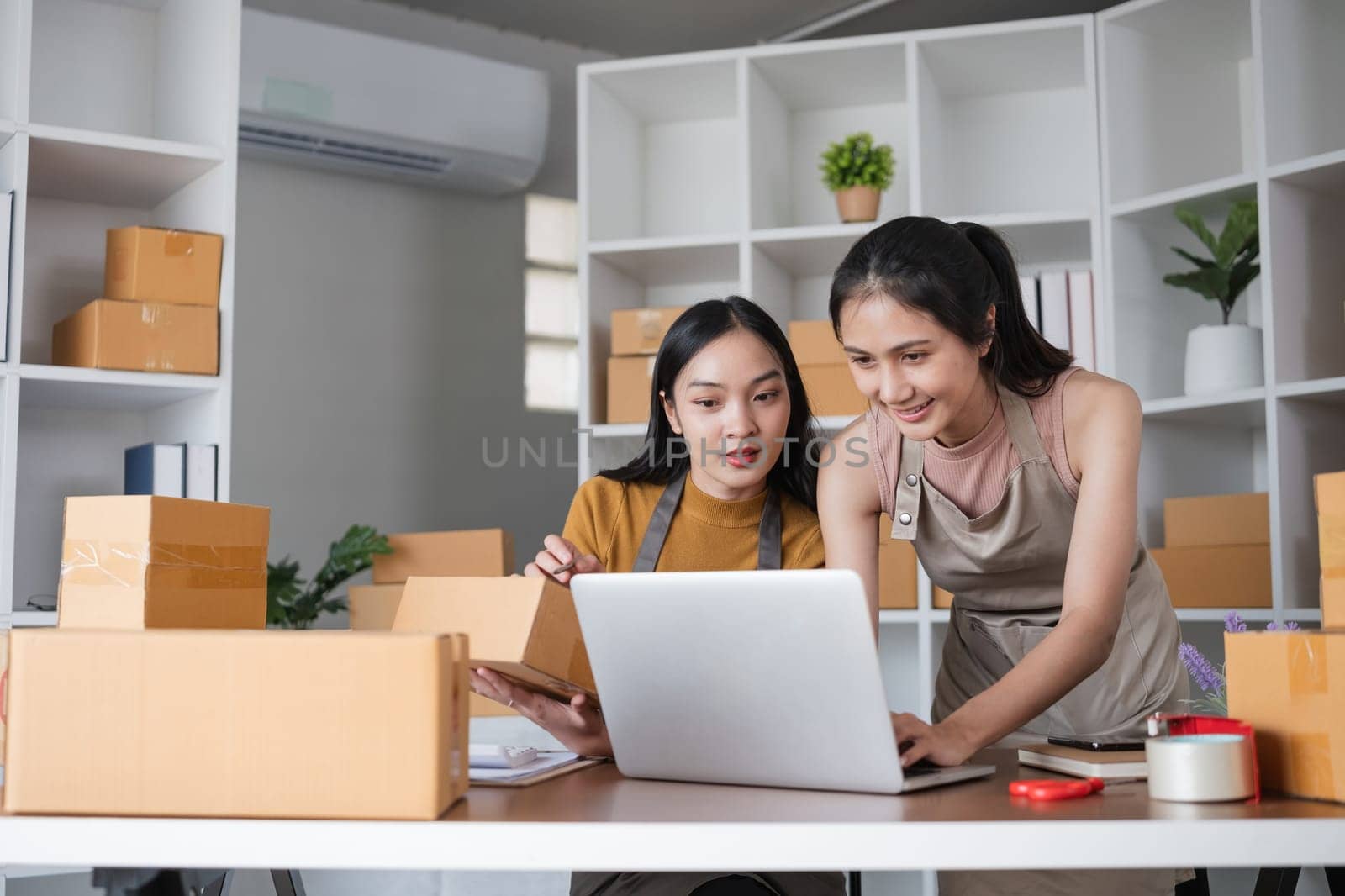 Two businesswomen managing online orders with laptop in office. Concept of e-commerce and teamwork by wichayada