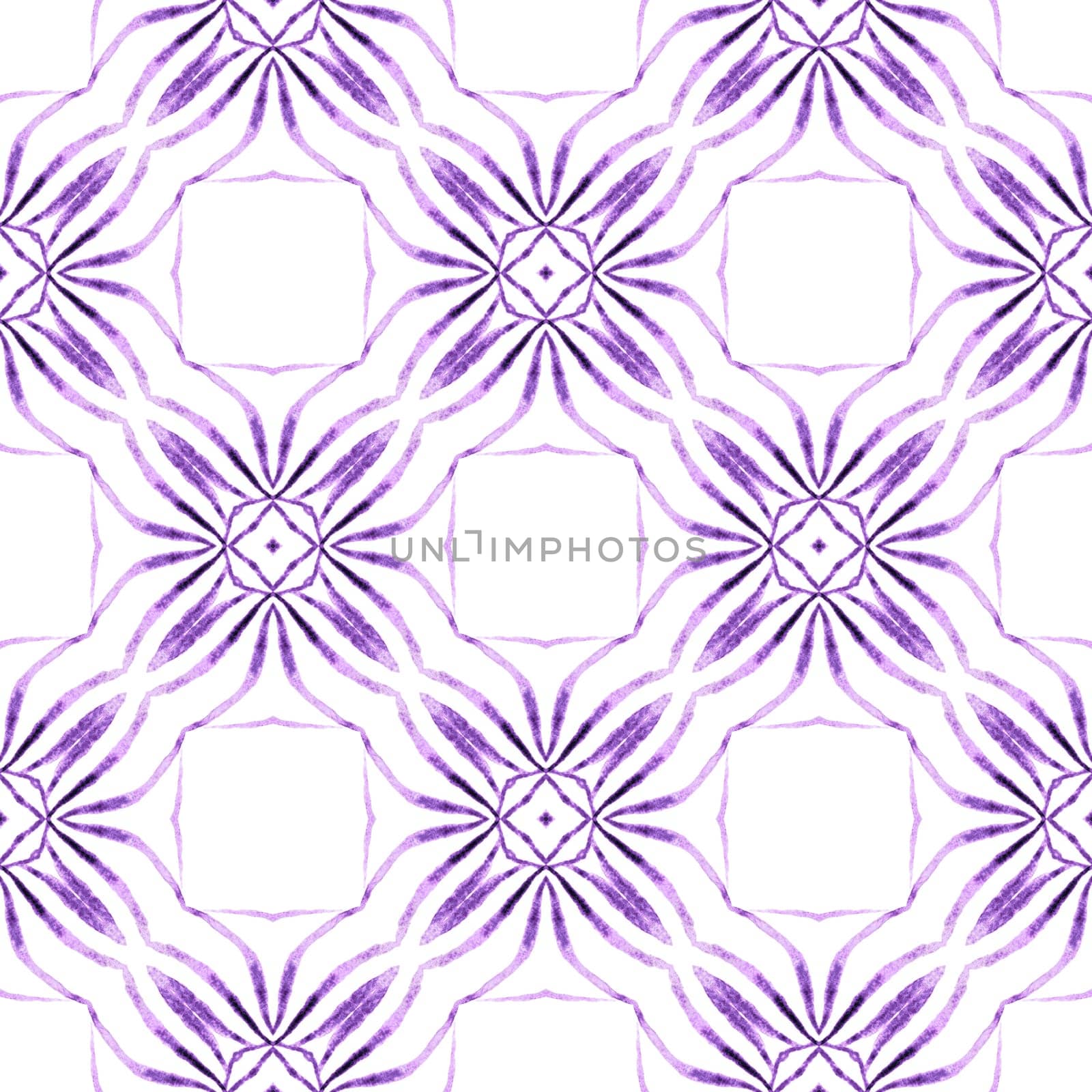 Textile ready surprising print, swimwear fabric, wallpaper, wrapping. Purple impressive boho chic summer design. Watercolor summer ethnic border pattern. Ethnic hand painted pattern.