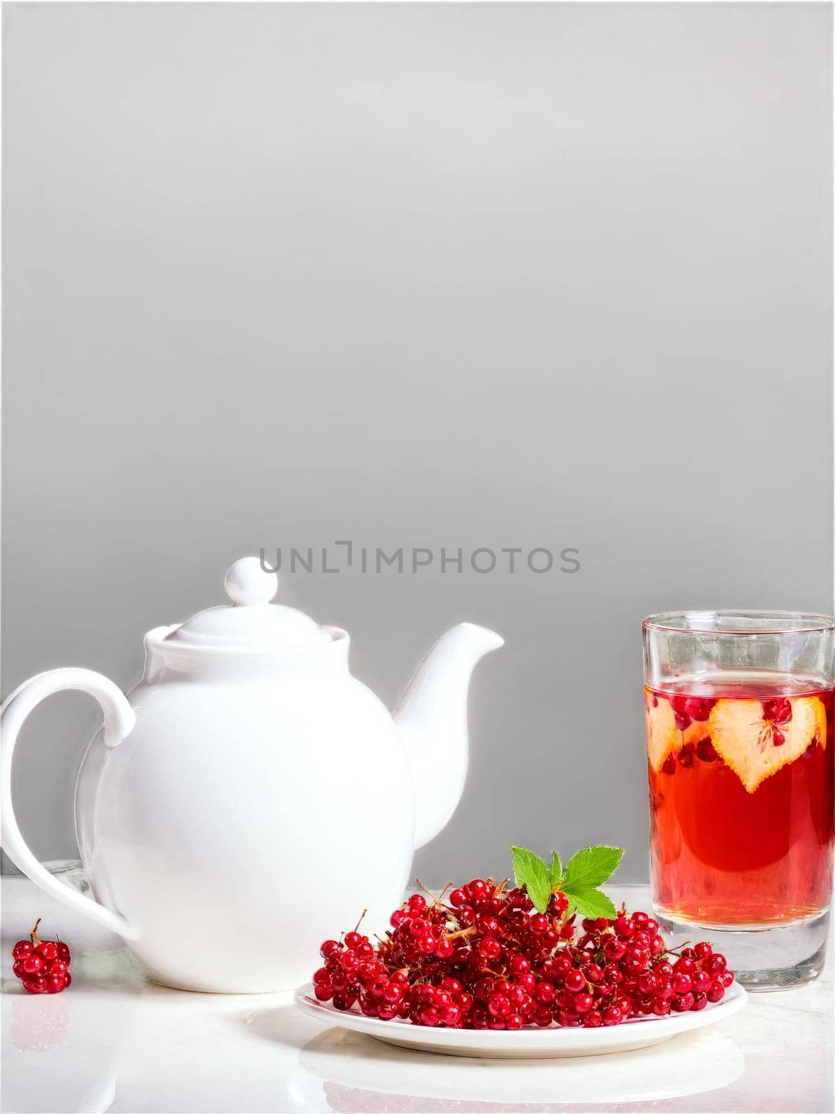 Hawthorn berry tea glass teapot bright red berries rich pink color heart healthy. Drink isolated on transparent background.