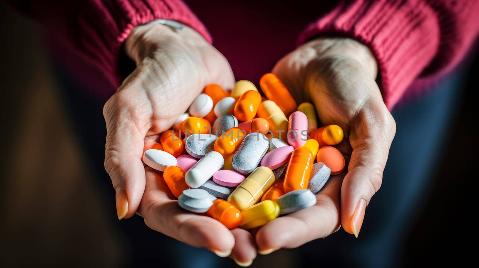 Pills in the hands of an elderly man. Medicine, treatment in a medical institution, healthy lifestyle, medical life insurance, pharmacies, pharmacy, treatment in a clinic.