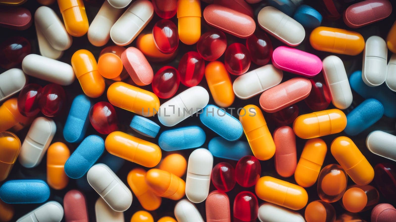 A large number of multi-colored tablets and vitamins, close-up. by Alla_Yurtayeva