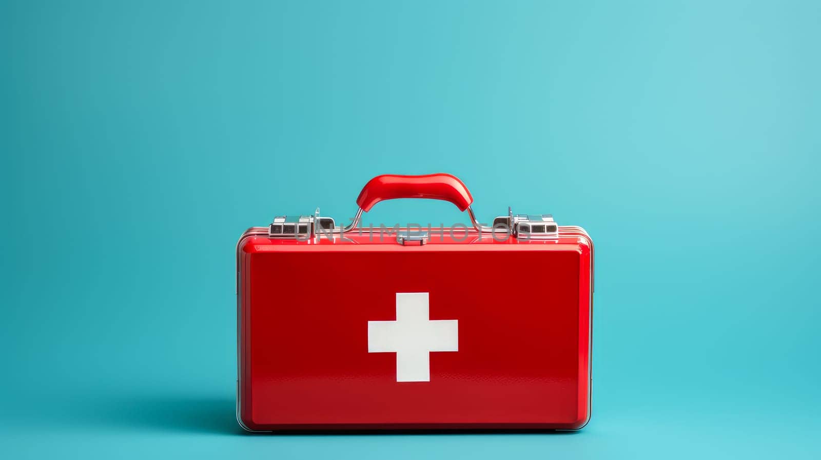 Red first aid kit with a cross with medicines on a blue background. Medicine, treatment in a medical institution, healthy lifestyle, medical life insurance, pharmacies, pharmacy, treatment in a clinic.