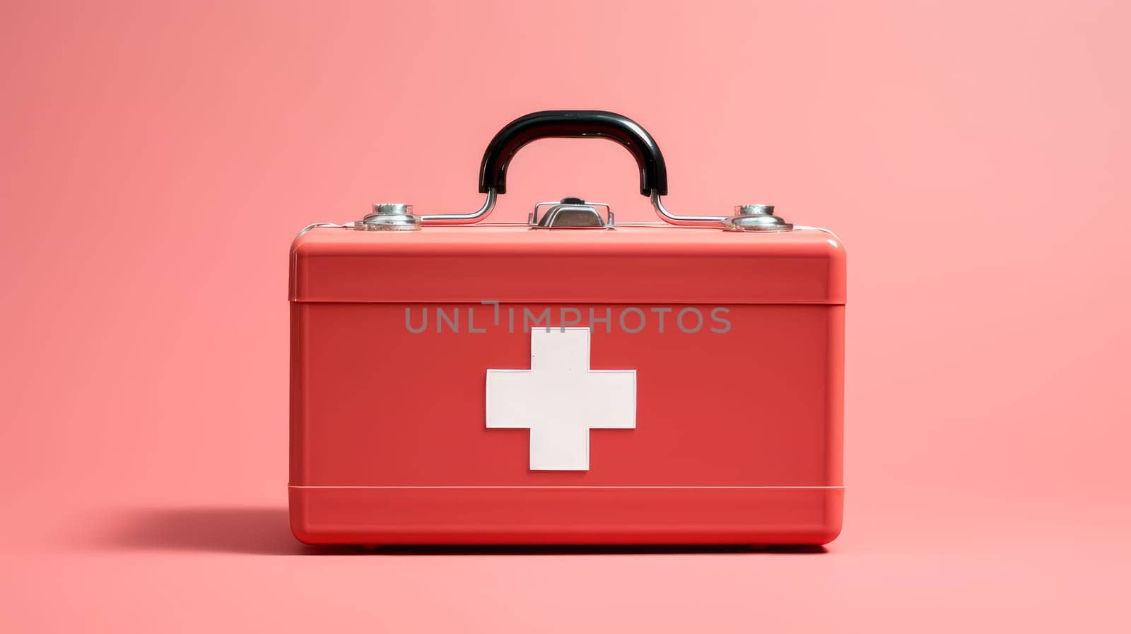 Red first aid kit with a cross with medicines on a pink background. Medicine, treatment in a medical institution, healthy lifestyle, medical life insurance, pharmacies, pharmacy, treatment in a clinic.