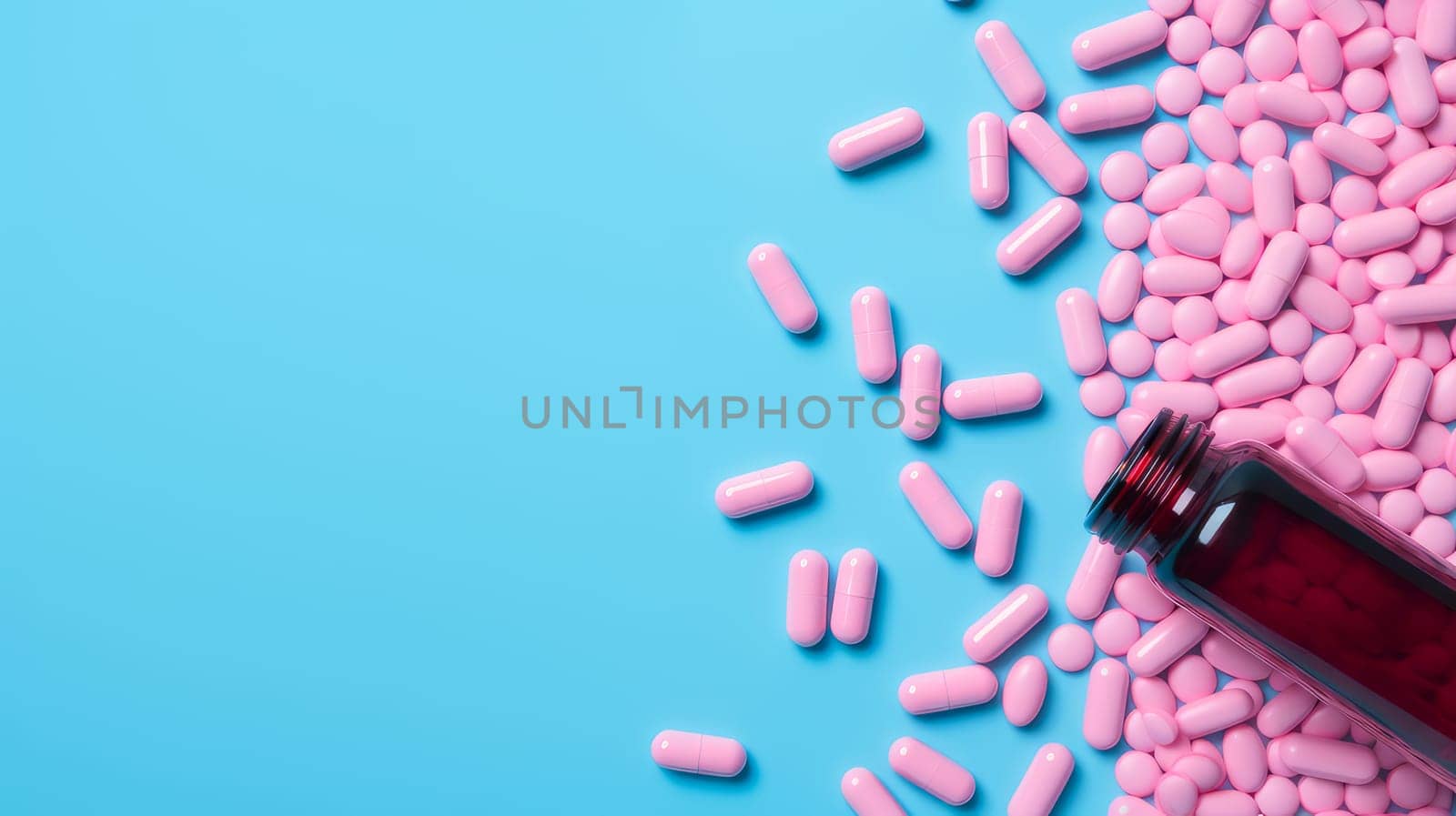 Pink pills, capsules and vitamins in a jar on a blue background. Medicine, treatment in a medical institution, healthy lifestyle, medical life insurance, pharmacies, pharmacy, treatment in a clinic.