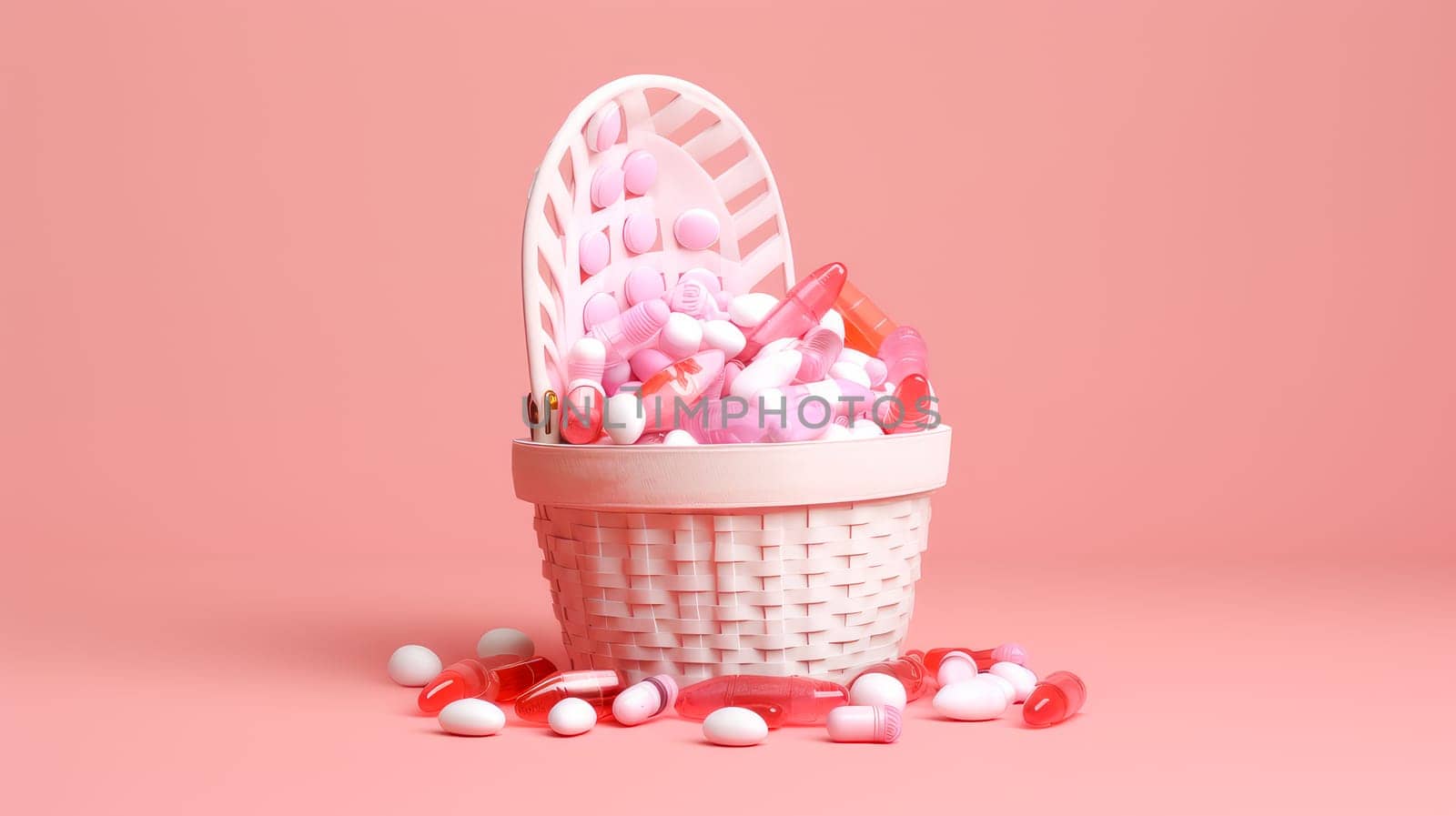 Multi-colored tablets, capsules and vitamins in a jar on a pink background in a shopping cart. Medicine, treatment in a medical institution, healthy lifestyle, medical life insurance, pharmacies, pharmacy, treatment in a clinic.