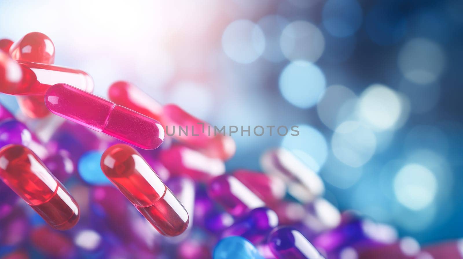 A large number of multi-colored tablets, capsules and vitamins with light, close-up. Medicine, treatment in a medical institution, healthy lifestyle, medical life insurance, pharmacies, pharmacy, treatment in a clinic.