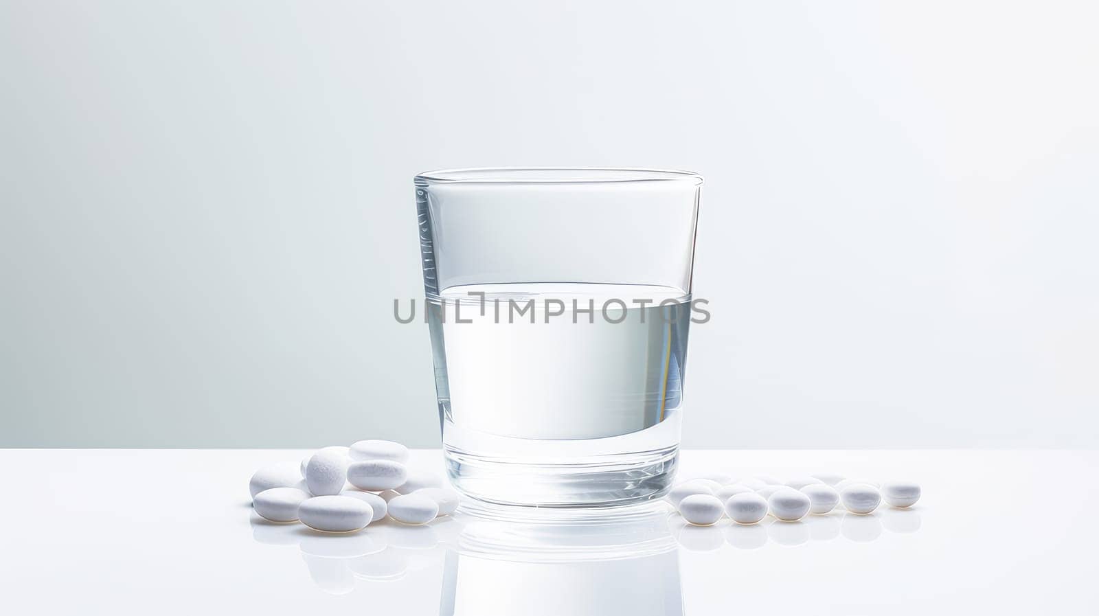 Glass with clear water and pills during illness on a white background. Medicine, treatment in a medical institution, healthy lifestyle, medical life insurance, pharmacies, pharmacy, treatment in a clinic.