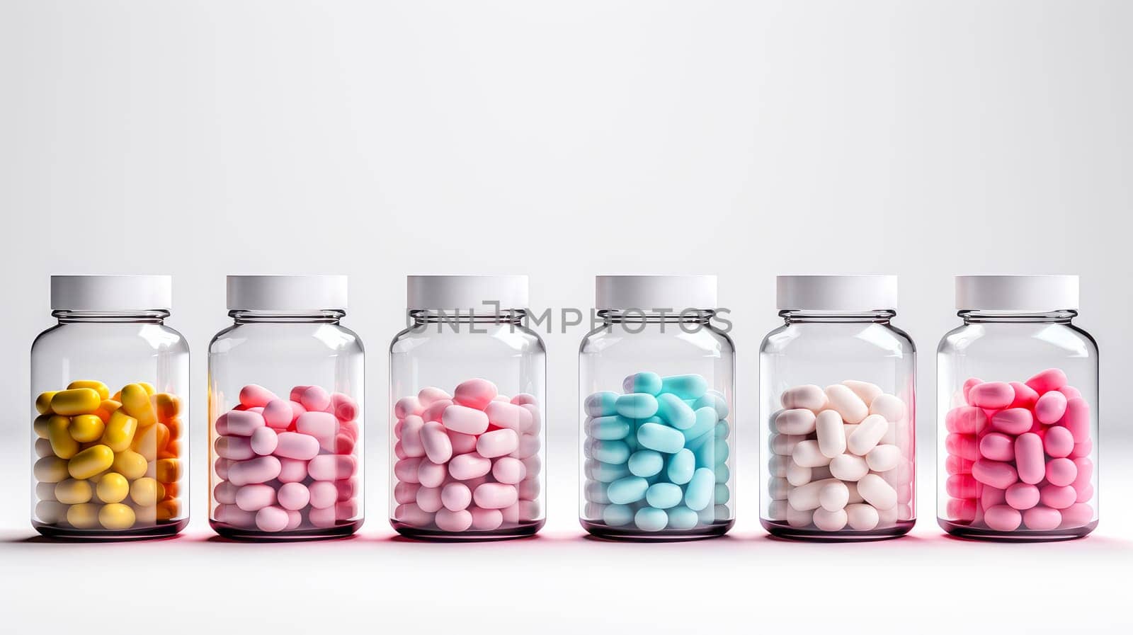 Multi-colored pills in jars on a white background. Medicine, treatment in a medical institution, healthy lifestyle, medical life insurance, pharmacies, pharmacy, treatment in a clinic.