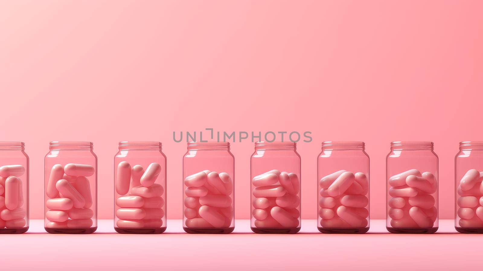 Multi-colored pills in jars on a pink background. Medicine, treatment in a medical institution, healthy lifestyle, medical life insurance, pharmacies, pharmacy, treatment in a clinic.