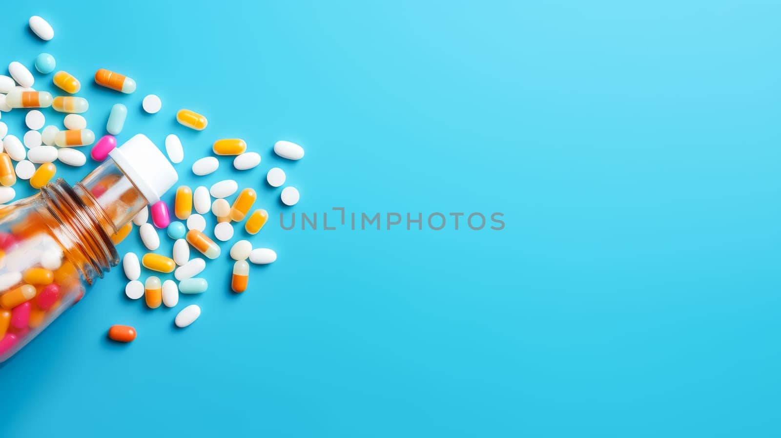 Multi-colored tablets, capsules and vitamins in a jar on a blue background. Medicine, treatment in a medical institution, healthy lifestyle, medical life insurance, pharmacies, pharmacy, treatment in a clinic.