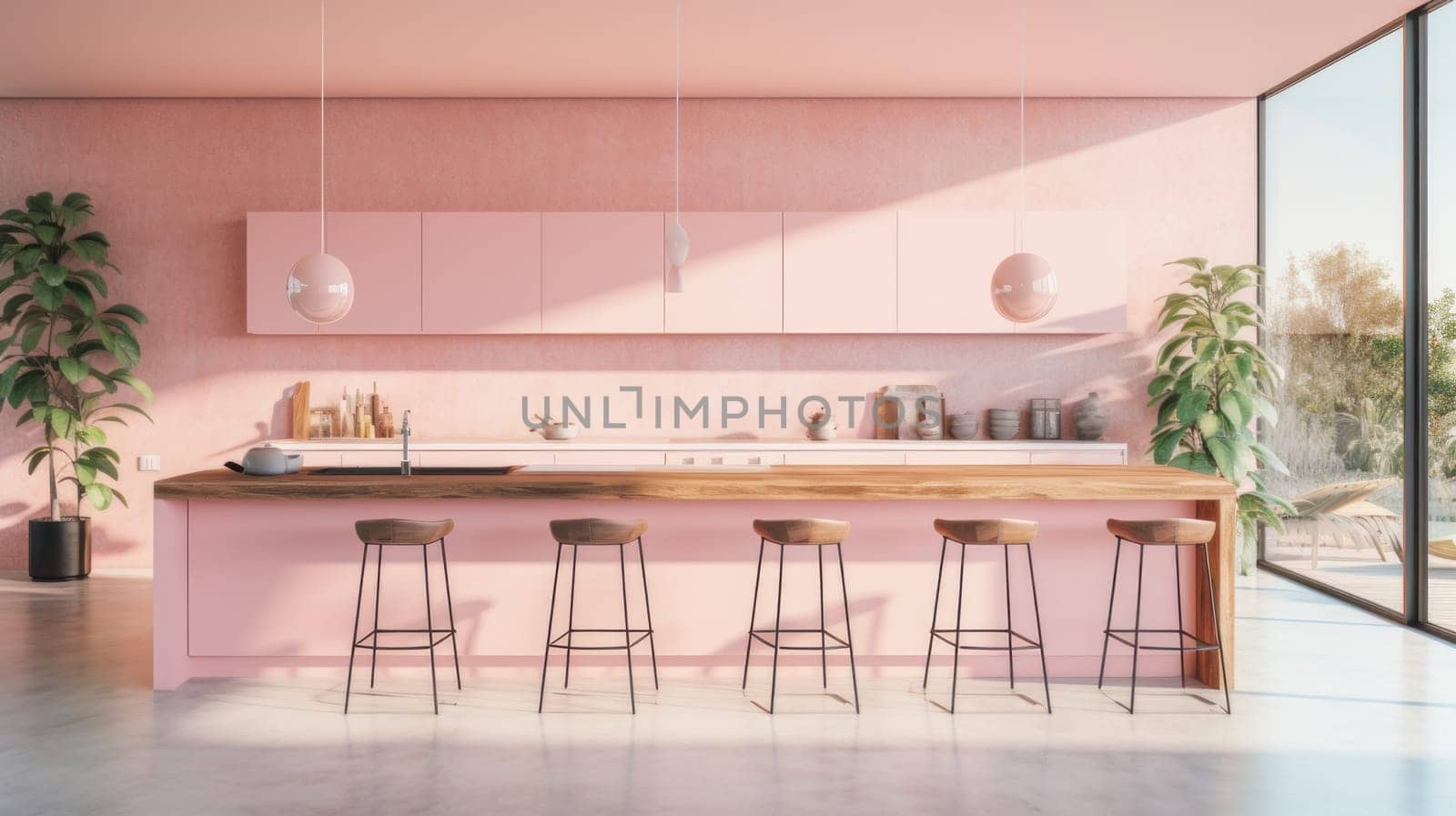 Modern home interior. Modern kitchen design in a pink light interior. Modern apartment home design software. Preparing food, food and drinks in the comfort of your home kitchen. copy space, studio and real estate advertising, premises rental