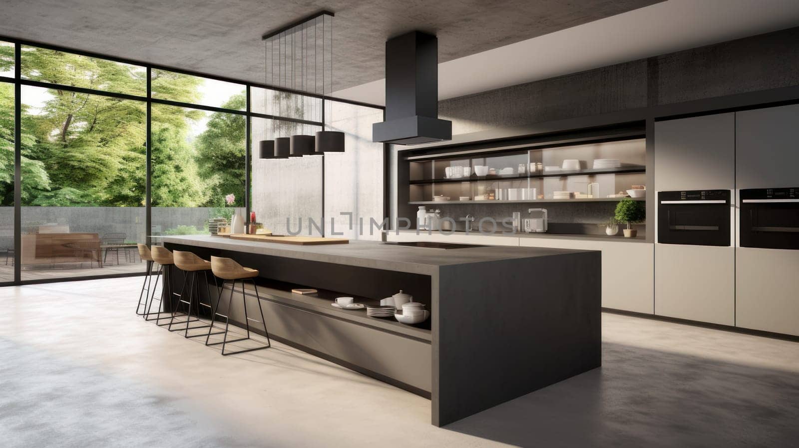 Modern home interior. Modern kitchen design in a gray light interior. Modern apartment home design software. Preparing food, food and drinks in the comfort of your home kitchen. copy space, studio and real estate advertising, premises rental