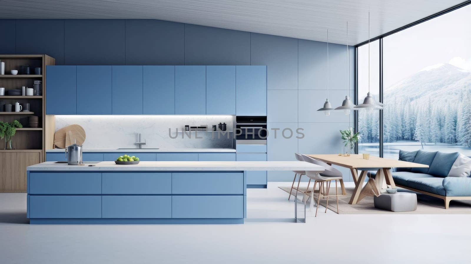 Modern home interior. Modern kitchen design in a blue light interior. Modern apartment home design software. Preparing food, food and drinks in the comfort of your home kitchen. copy space, studio and real estate advertising, premises rental