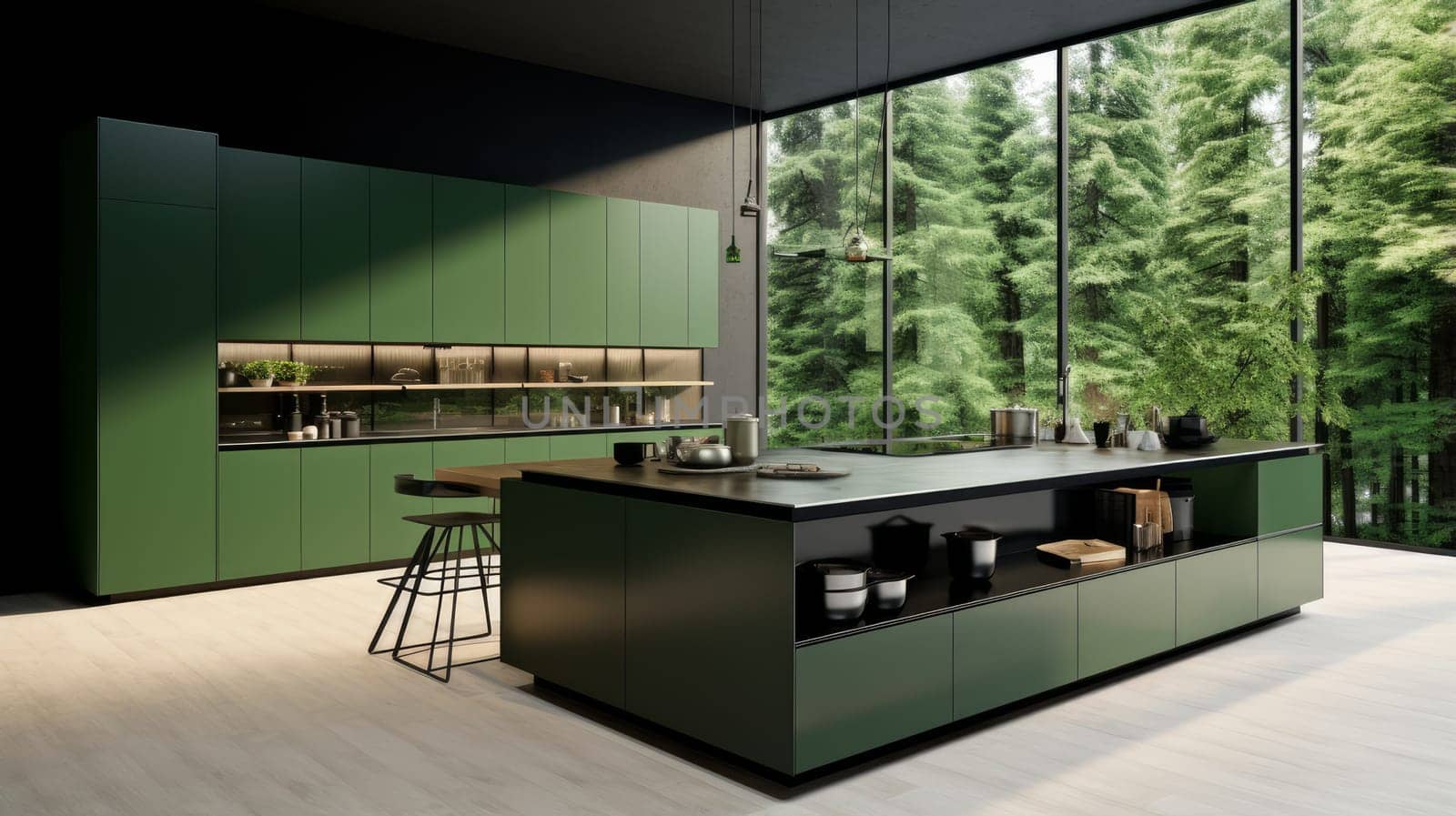 Modern home interior. Modern kitchen design in a green, light interior. Modern apartment home design software. by Alla_Yurtayeva