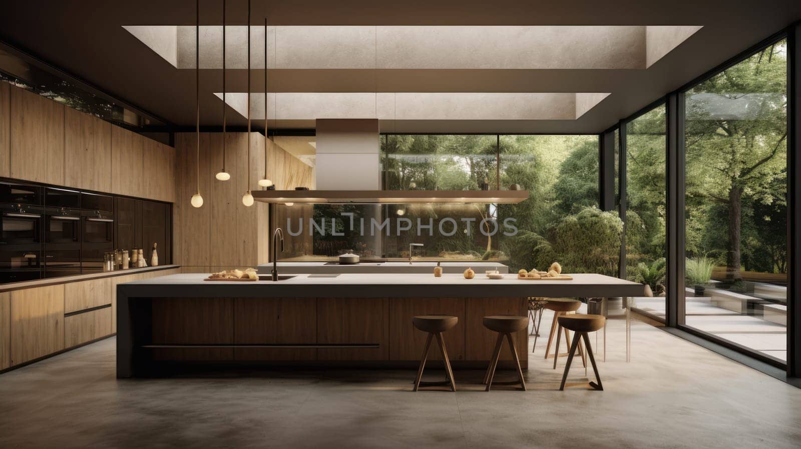 Modern home interior. Modern kitchen design in a brown light interior. Modern apartment home design software. Preparing food, food and drinks in the comfort of your home kitchen. copy space, studio and real estate advertising, premises rental