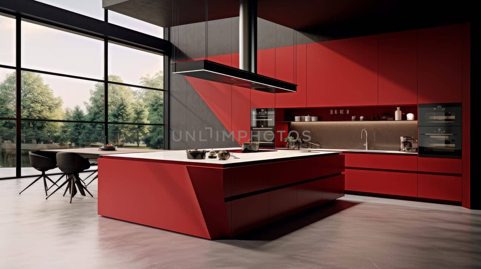 Modern home interior. Modern kitchen design in a red light interior. Modern apartment home design software. Preparing food, food and drinks in the comfort of your home kitchen. copy space, studio and real estate advertising, premises rental