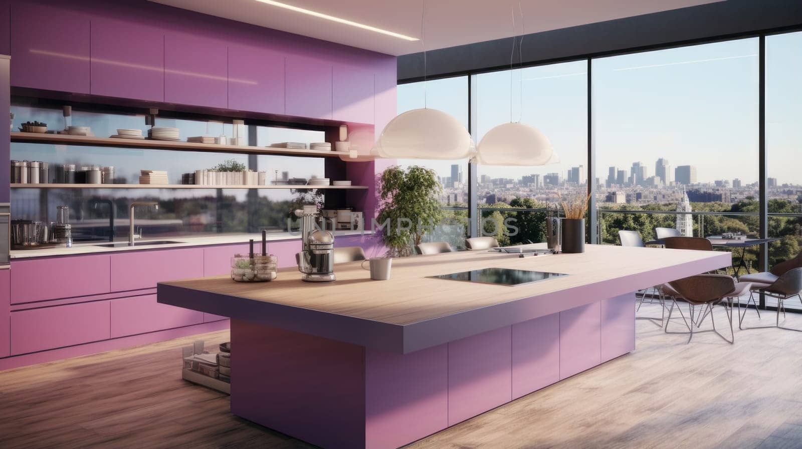 Modern home interior. Modern kitchen design in a purple light interior. Modern apartment home design software. by Alla_Yurtayeva