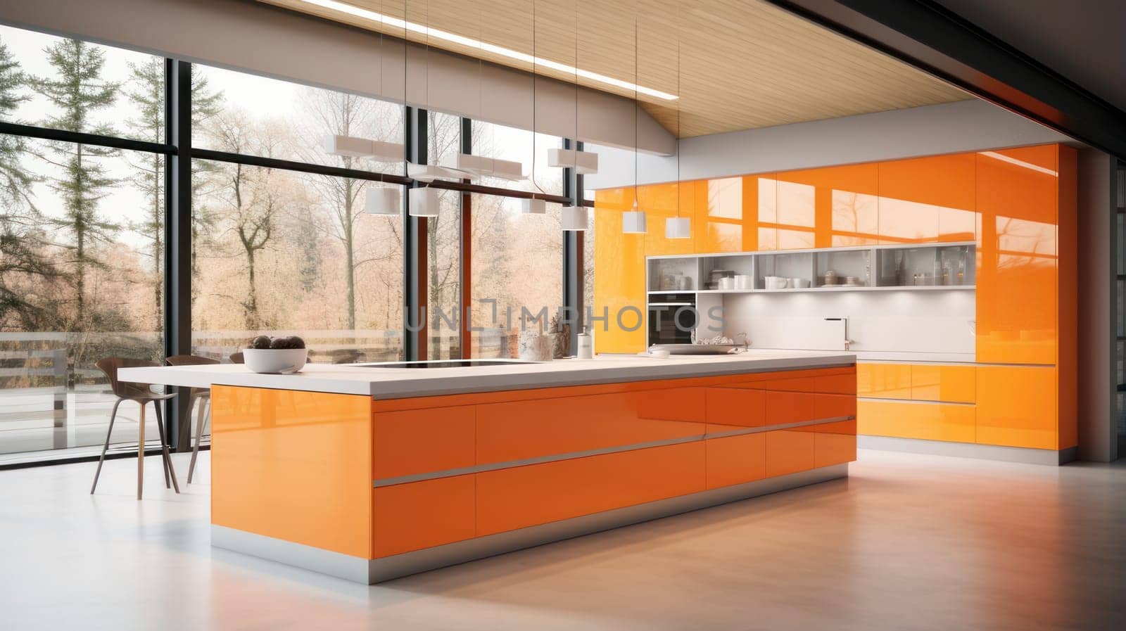 Modern home interior. Modern kitchen design in an orange light interior. Program for designing modern apartments. by Alla_Yurtayeva