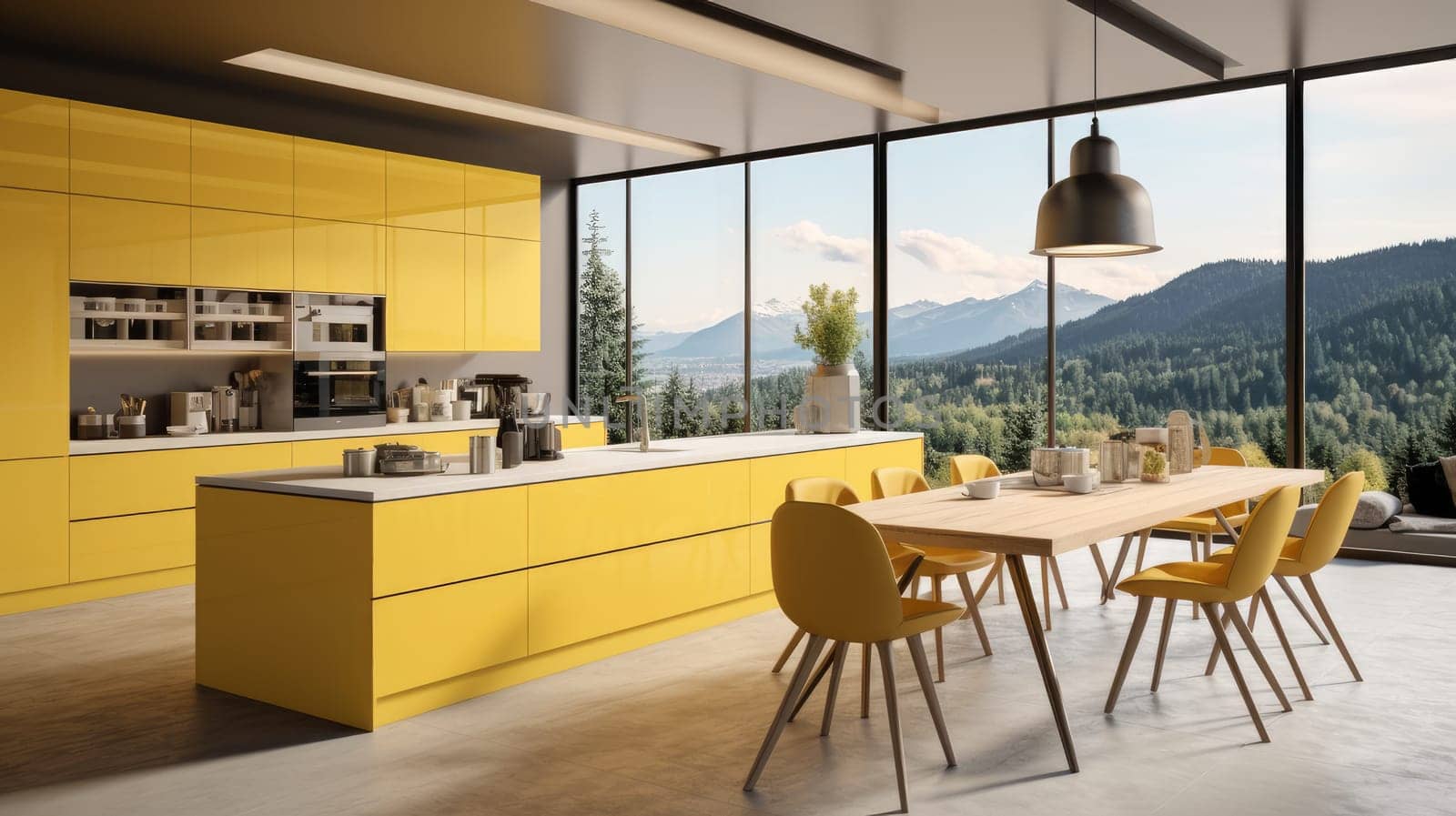 Modern home interior. Modern kitchen design in a yellow light interior. Program for designing modern apartments. Preparing food, food and drinks in the comfort of your home kitchen. copy space, studio and real estate advertising, premises rental