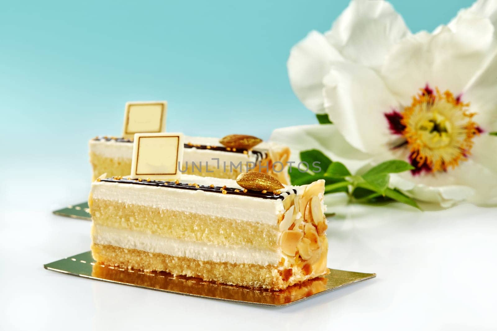 Slices of soft sponge cake with delicate vanilla cream decorated with almond flakes and gilded caramelized nut, presented on pastel blue background with fresh white peony