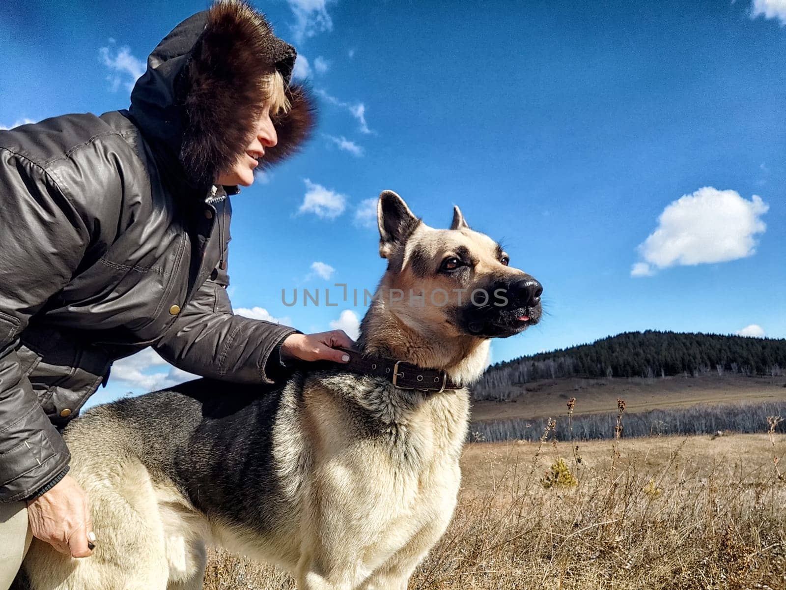 Adult girl or middle aged woman with shepherd dog in an autumn day