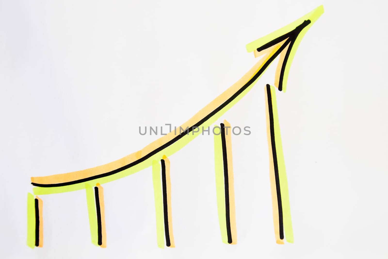 A bright neon, green and black arrow like hand-drawn graph on a white background. The concept of movement, change, and achievements in business