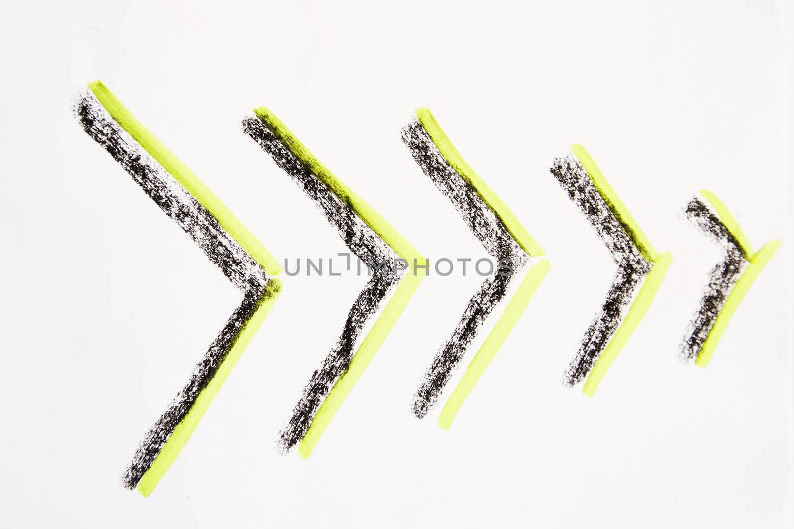 A bright neon, green and black arrow like a herringbone hand-drawn on a white background. The concept of movement, change, and achievements in business