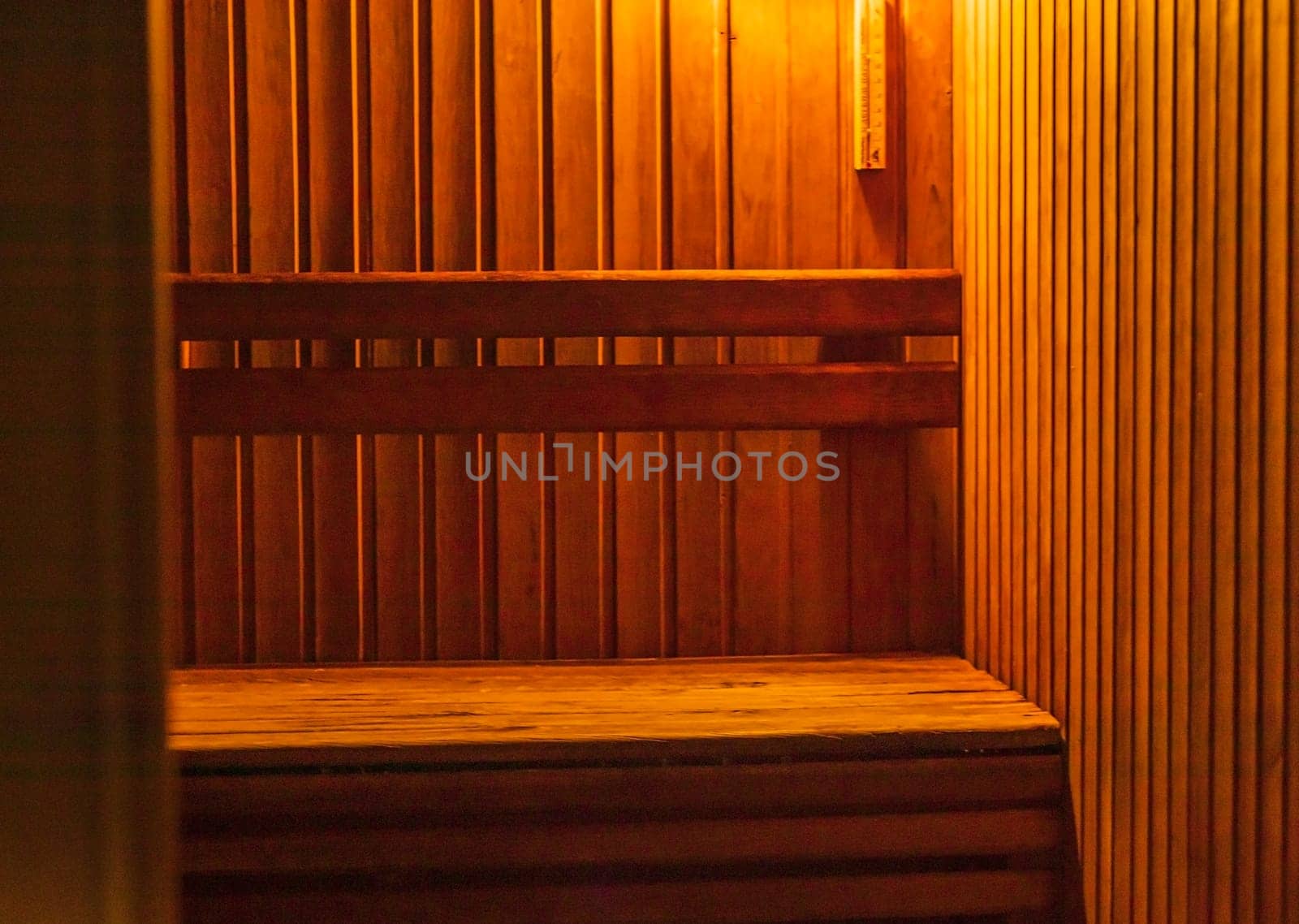 Shot of the dark, warm sauna room