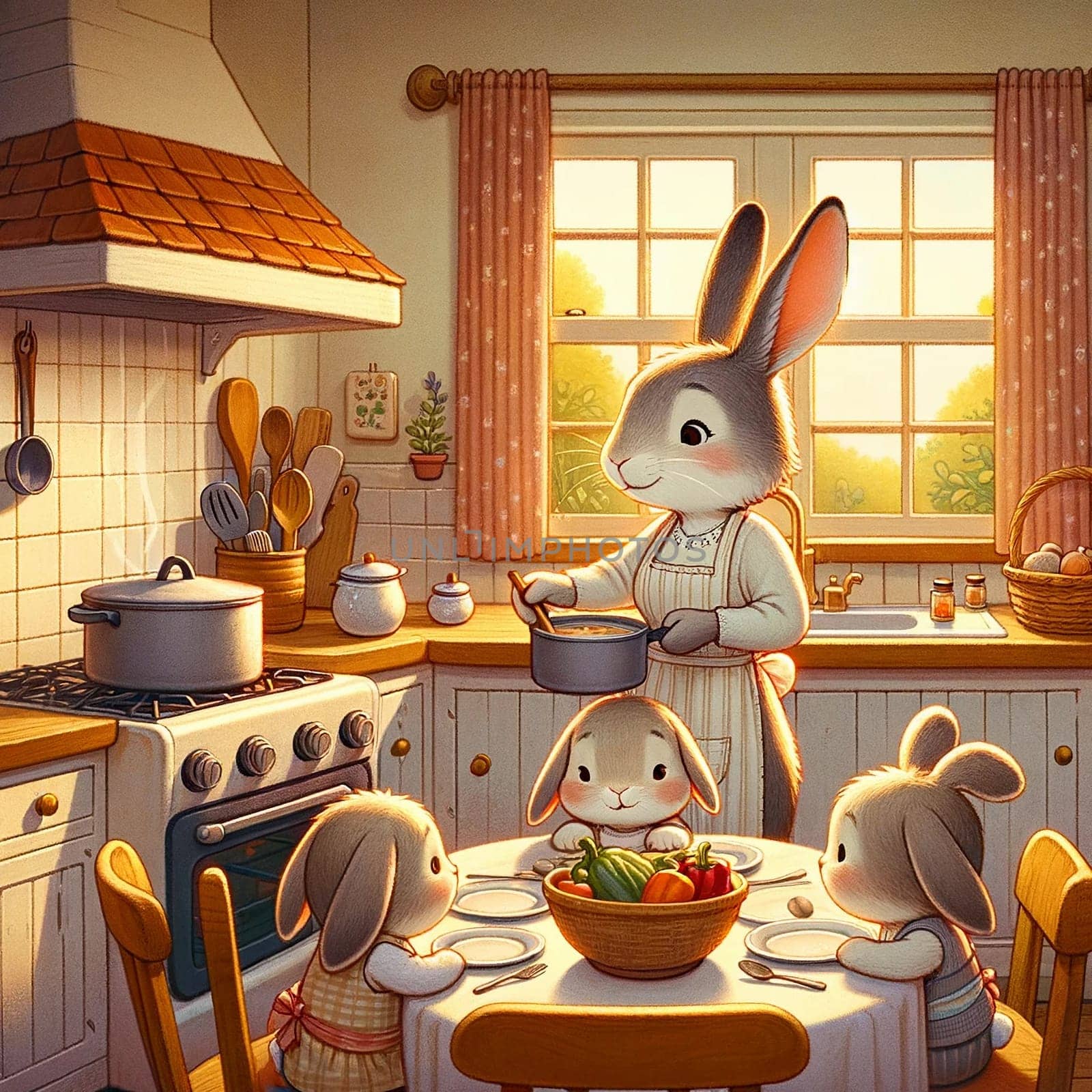 A mother rabbit wearing an apron stands at the stove, stirring a meal for her four children in a cozy kitchen.